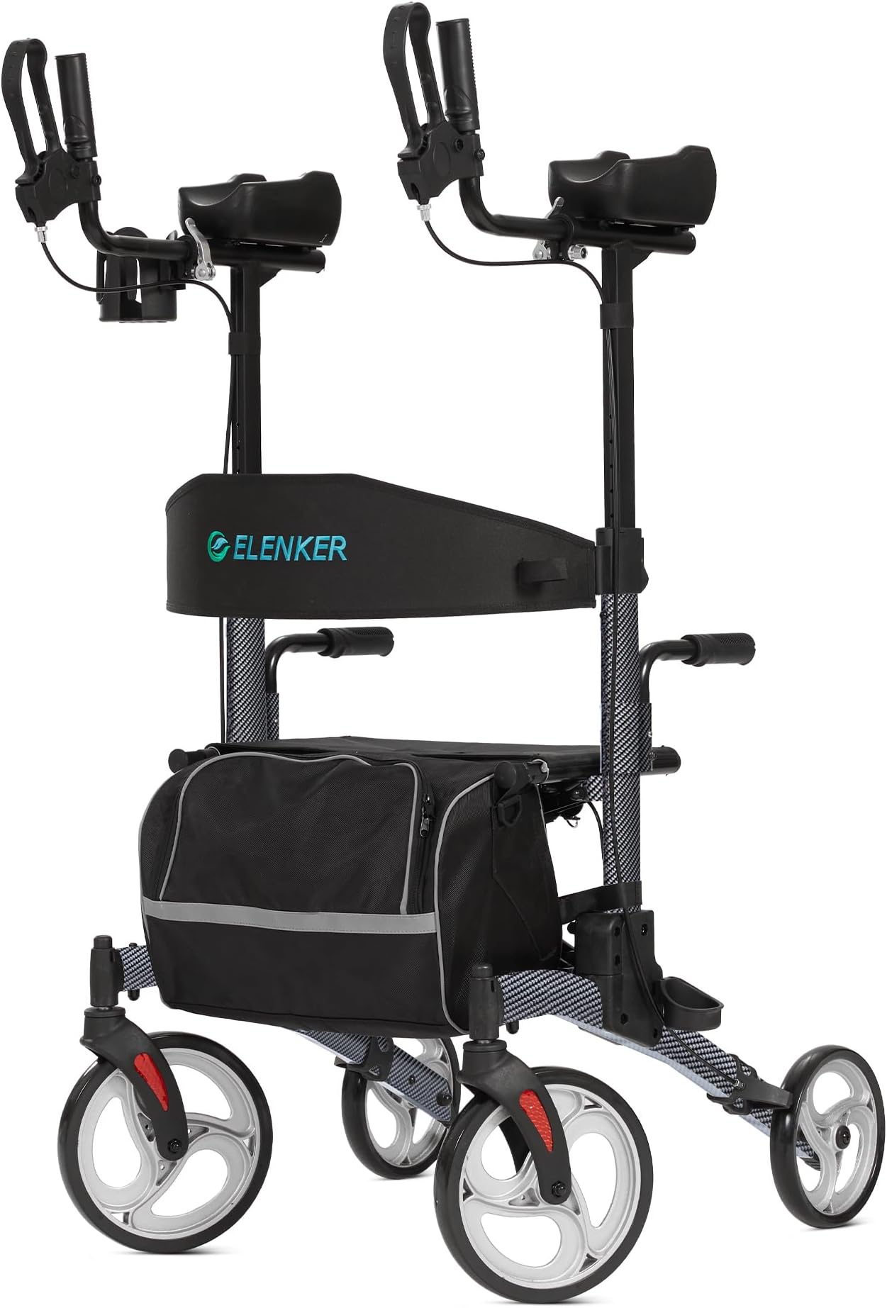 ELENKER Upright Walker, Stand Up Folding Rollator Walker with 10” Front Wheels, Padded Armrests, Seat and Backrest for Seniors and Adults, Color: Carbon Fiber Black