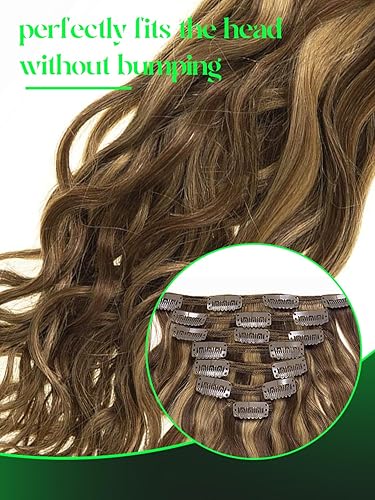 Miniatura 3 de Anrosa Extensiones de cabello humano de 18 pulgadas con clip P #427, onda natural, cabello humano Remy real, color piano #4 con color rubio fresa