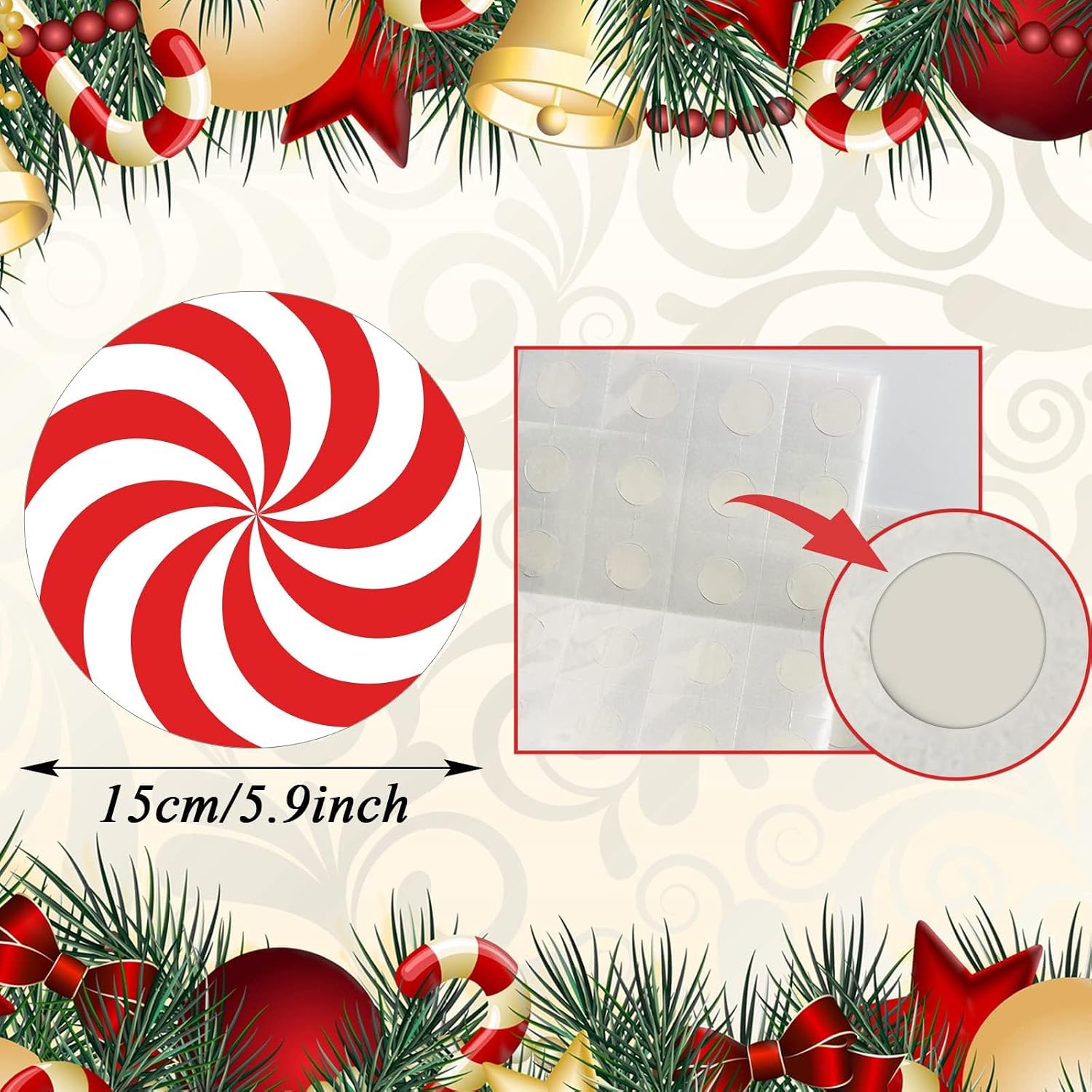 48 Pieces Peppermint Candies Cutouts Christmas Home Classroom Decoration Sweet Peppermint Cut Outs with Glue Point Dots for Winter Bulletin Board School Christmas Party, 5.9 x 5.9 Inch(Red & White)