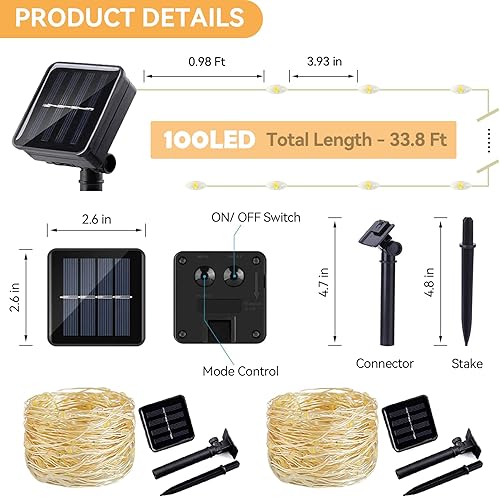 Miniatura 6 de LIGHTOP Guirnalda de luces solares para exteriores, paquete de 2 luces LED de 33 pies, 100 luces LED de alambre de cobre, decoración impermeable