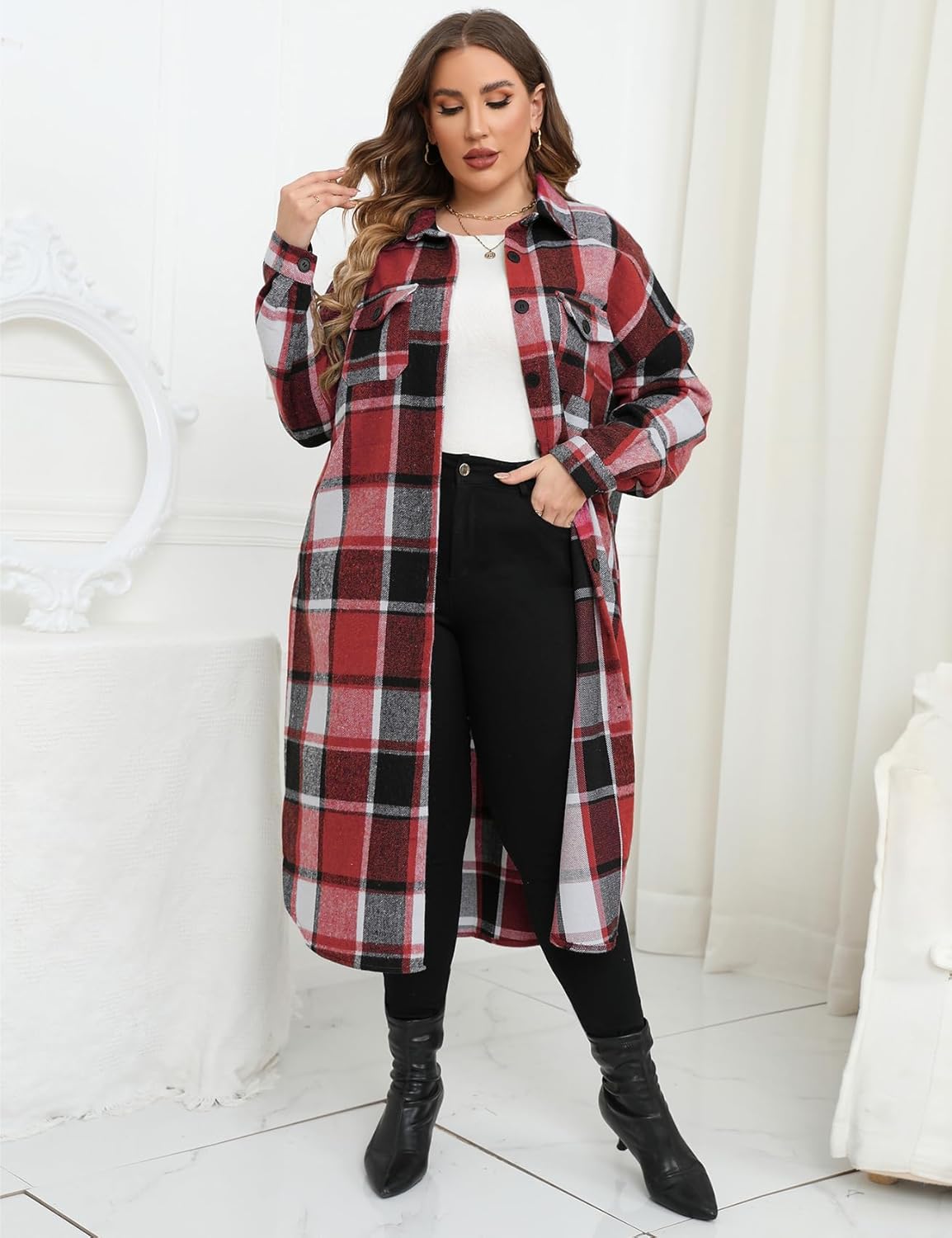 ZOMVA 2025 Women's 0X-5X Plus Size Long Flannel Plaid Shacket Jacket Oversized Button Down Coats Shirts with Pockets - Image 3