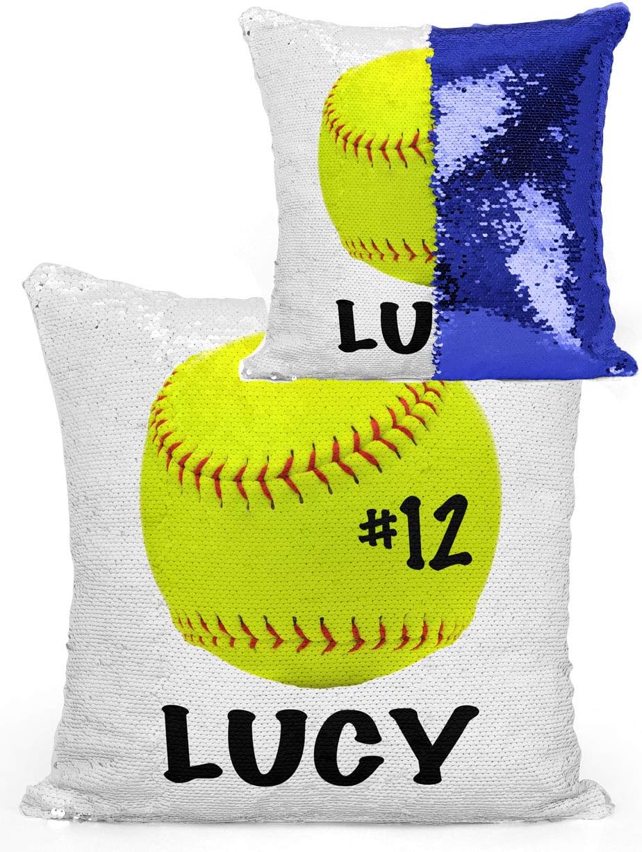 Violet Victoria & Fan Star Personalized Softball Fastpitch Sequin Mermaid Flip Pillow ADD Your Name or Number Royal Satin Back