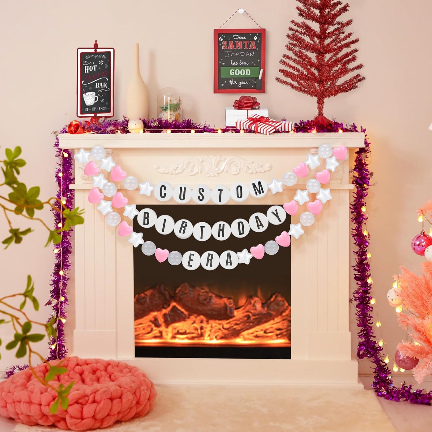 Kpop Theme Party Decorations Christmas Giant Friendship Bracelet Garland Kit Customizable Friendship Bracelet DIY Banner with Letters Plastic Balls DIY Supplies for Wedding Decor(Pink Color)