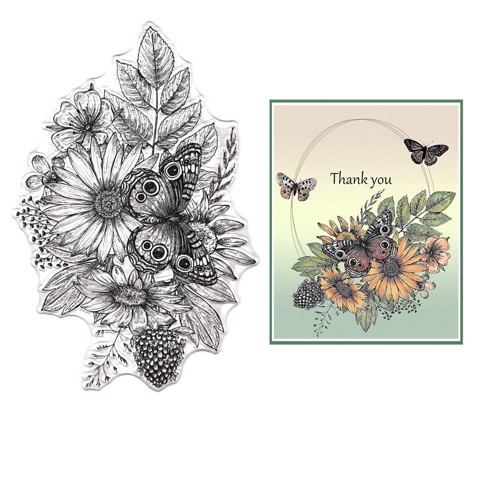 Threetols Flower & Butterfly Clear Stamps for Card Making, Plant Leaves Stamps for Holiday Decor & DIY Scrapbooking