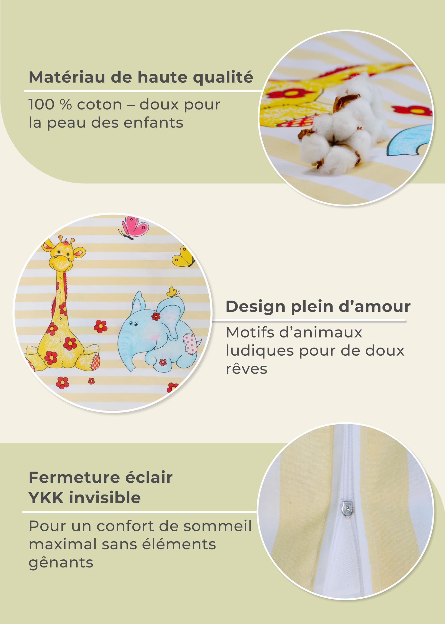 Gräfenstayn Parure de Lit Enfant Bébé 2 Pièces - 100% Coton Motif Animal Girafe Éléphant - Housse Couette 135x100 Taie 60x40 - Oeko-Tex Fermeture Éclair