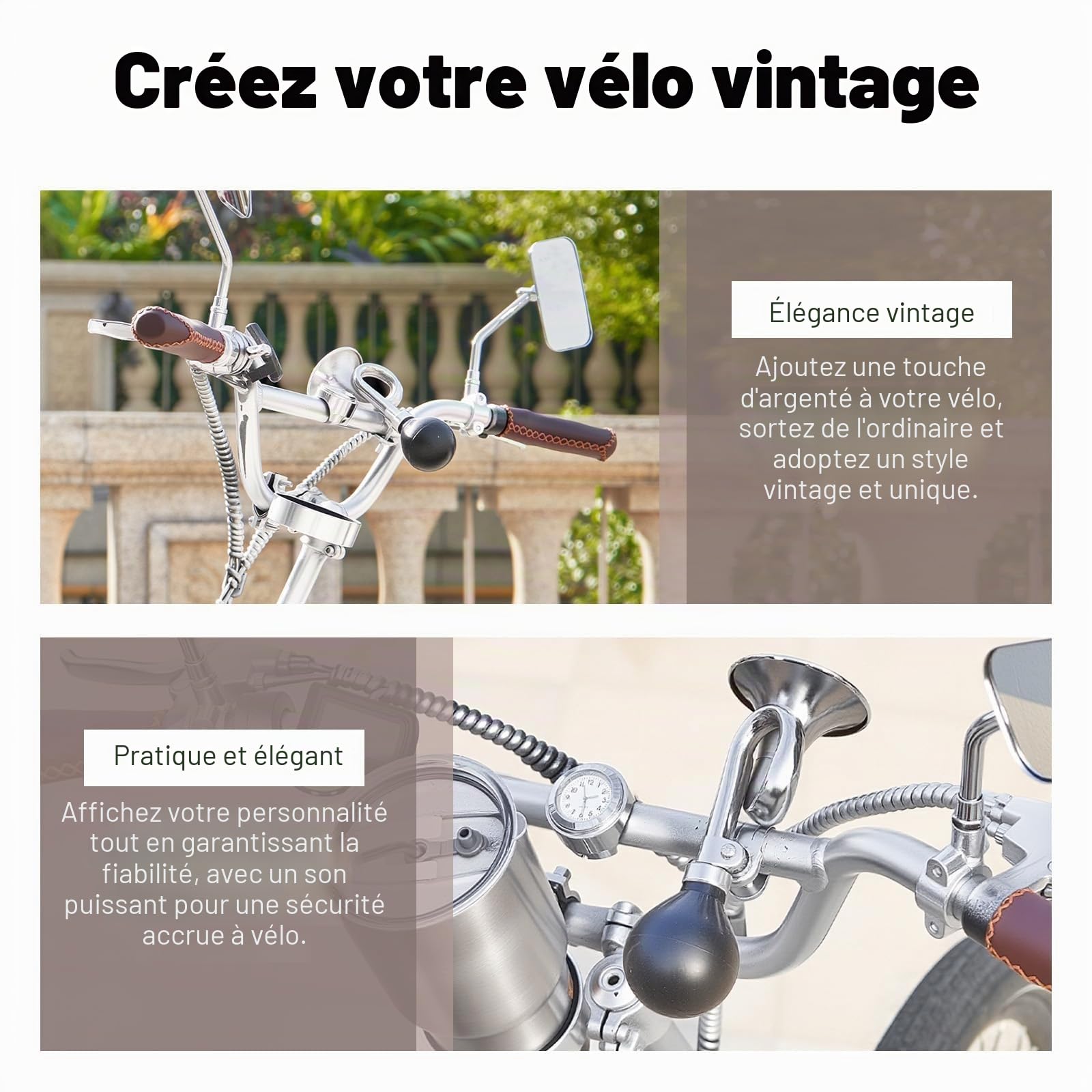 Klaxon de Vélo Rétro en Metal, Trompette Vélo Classique Noir, Design Rétro Métal Squeeze Bugle Klaxon, Avertisseur Sonore Bulb Klaxon de Bicyclette, avec Collier de Serrage Réglable