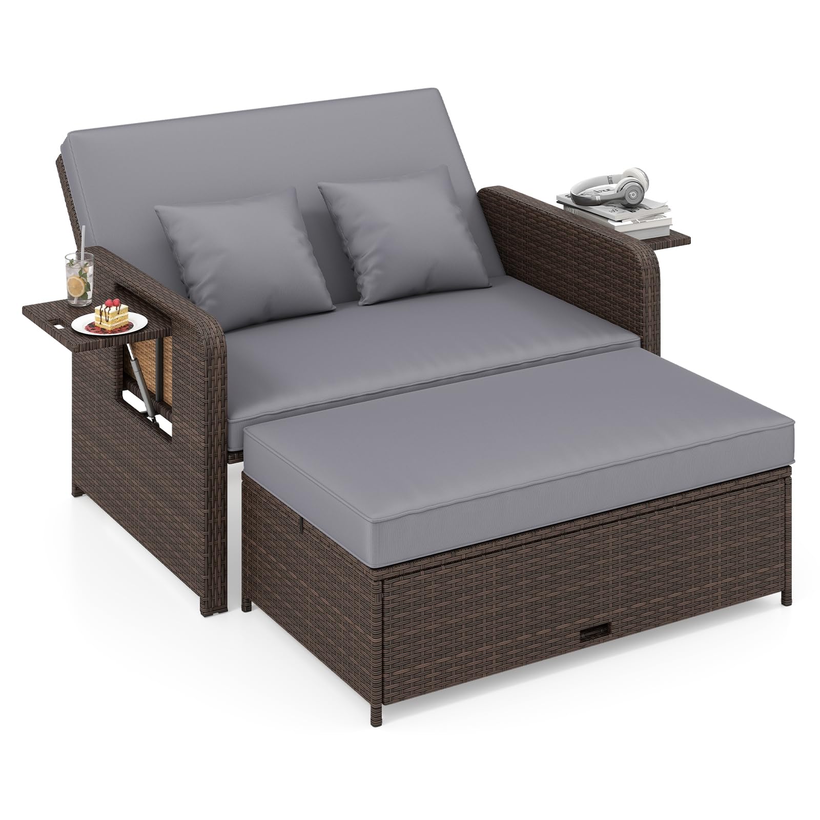 GIANTEX Divano da Giardino in Rattan con Poggiapiedi, Doppio Divano da Esterno con Schienale Regolabile, Mobili da Giardino per Terrazza, Balcone, Cortile