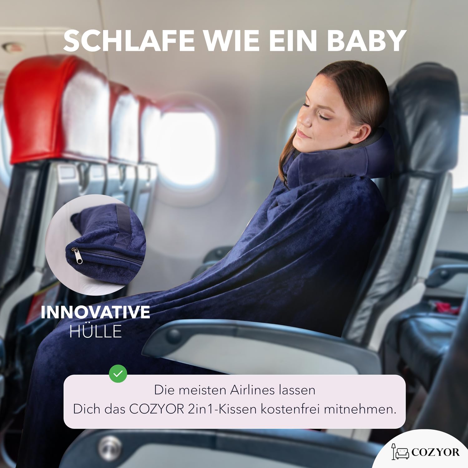 Cozyor Reiseset 2-teilig: Nackenkissen + Reisekissen & Reisedecke 2 in 1 mit Hülle - Ultraleicht & kompakt mit Rucksack-Clip und Kofferbefestigung, Flugzeugdecke 170x100 cm Bahn Auto Flugzeug