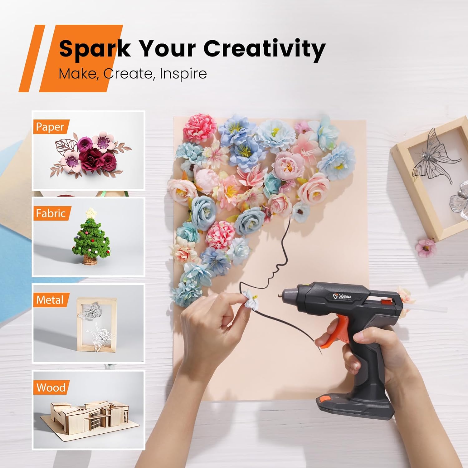 Collage showing various craft projects like paper flowers, fabric Christmas tree, metal embellishments, and wooden architectural model