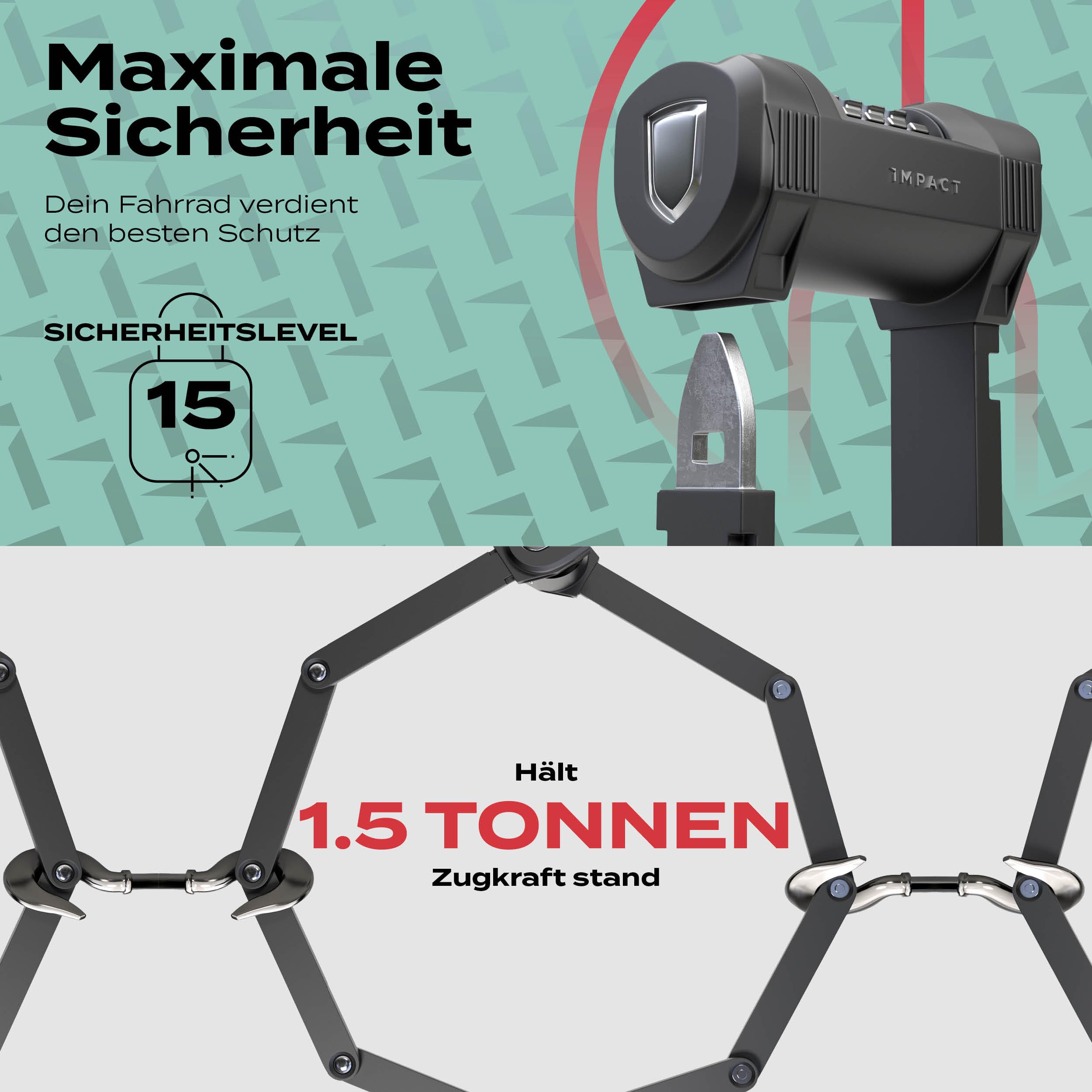 Impact® PortaLock 15 – składane zapięcie rowerowe z zamkiem szyfrowym – poziom bezpieczeństwa 15 – 110 cm z uchwytem – wytrzymałe zapięcie rowerowe z 4-krotnym kodem numerycznym i systemem