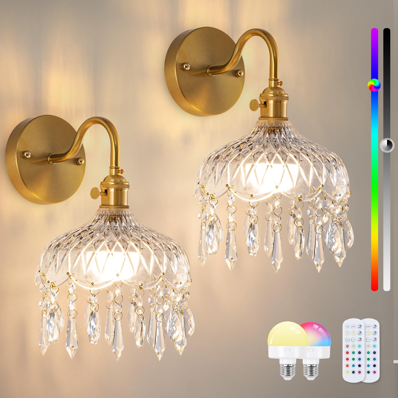 EIDEARAY Battery Operated Wall Lights,Rechargeable Wall Lights with RGB Dimmable Remote Control,Antique Battery Brass Wall Light,Crystal Lampshade for Living Room Bedroom Hallway 2-Pack