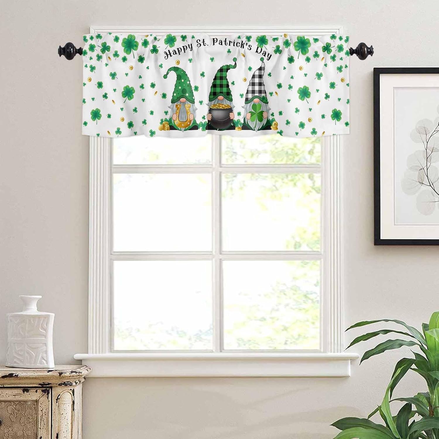 Kitchen Curtain Valance and Tiers Set of 3 St.Patrick's Day Shamrocks Buffalo Plaid Gnome 24 Inch Length Rod Pocket Window Curtains Small Cafe Curtains for Bathroom Living Room Bedroom Farmhouse