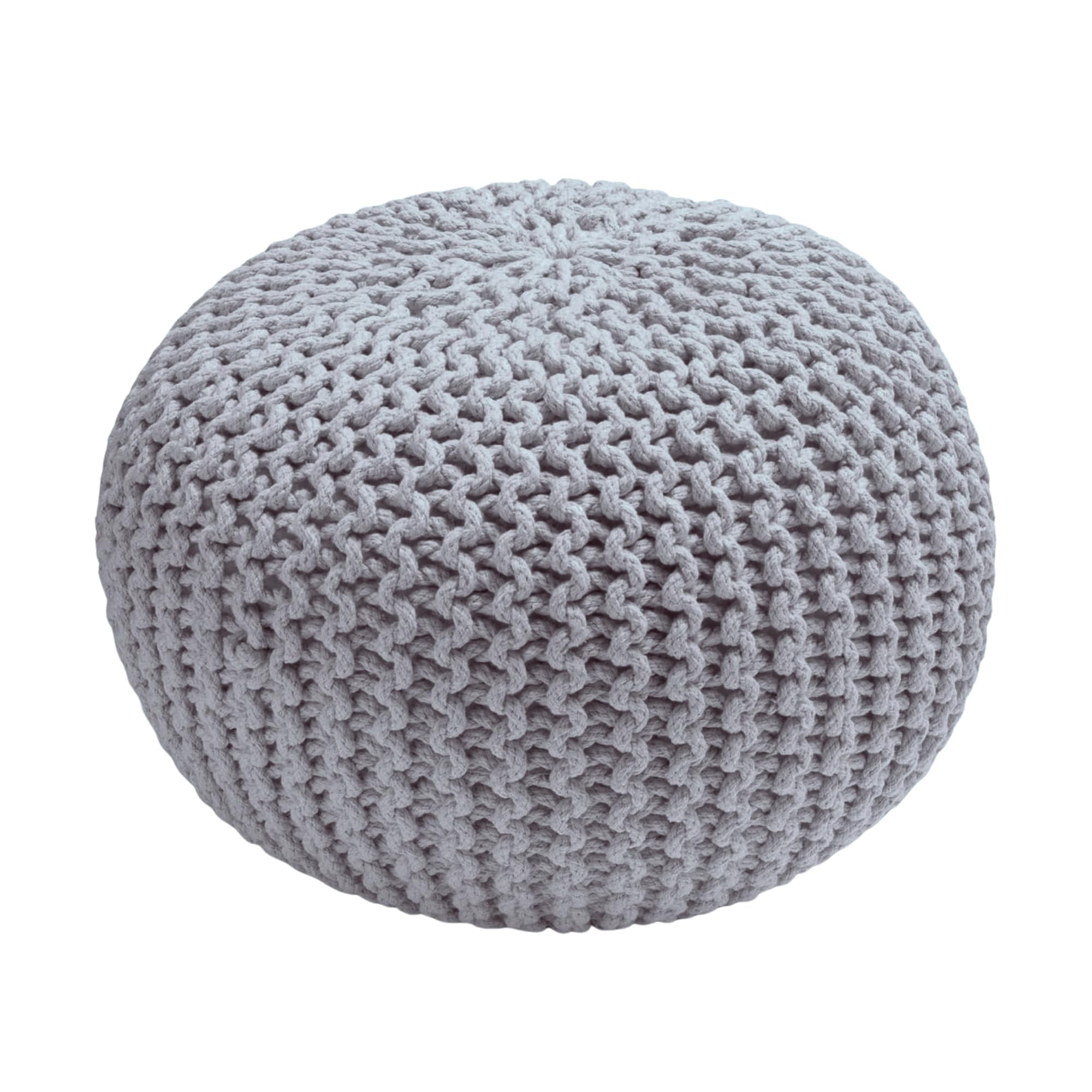 Cuddle Cloud Large Knitted Pouffe Footstool 100% Cotton Chunky Hand-Knit Pouf Ottoman 50x50x35cm Round Pouffes - Suitable For Living Room, Resting Feet & Decor (Silver)