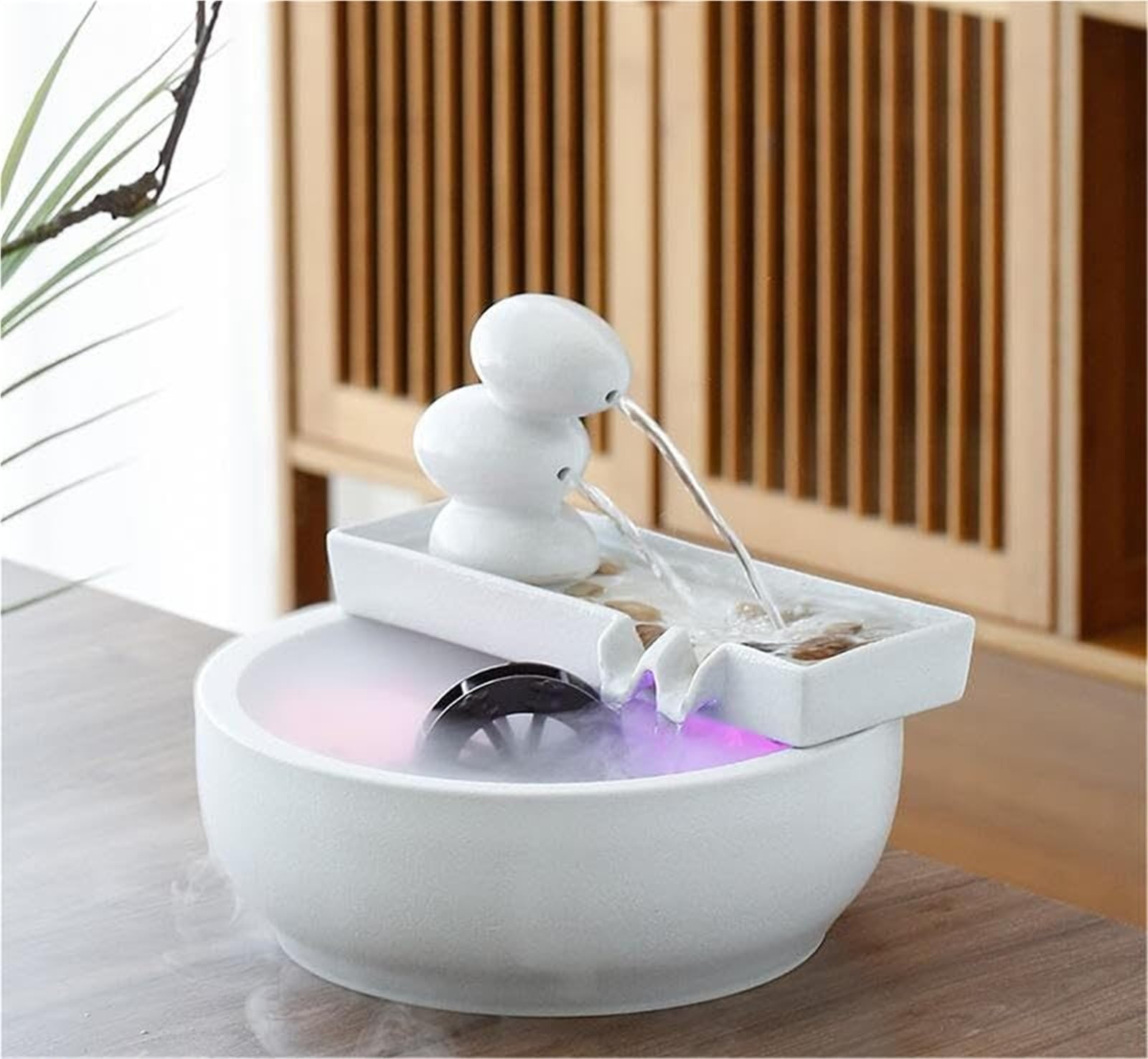 Fuente decorativa de jardín, fuente de agua con cascada, de cerámica, diseño de bambú, con iluminación LED, función humidificadora, bomba de agua, Feng Shui Zen, decoración para salón, oficina, jardín