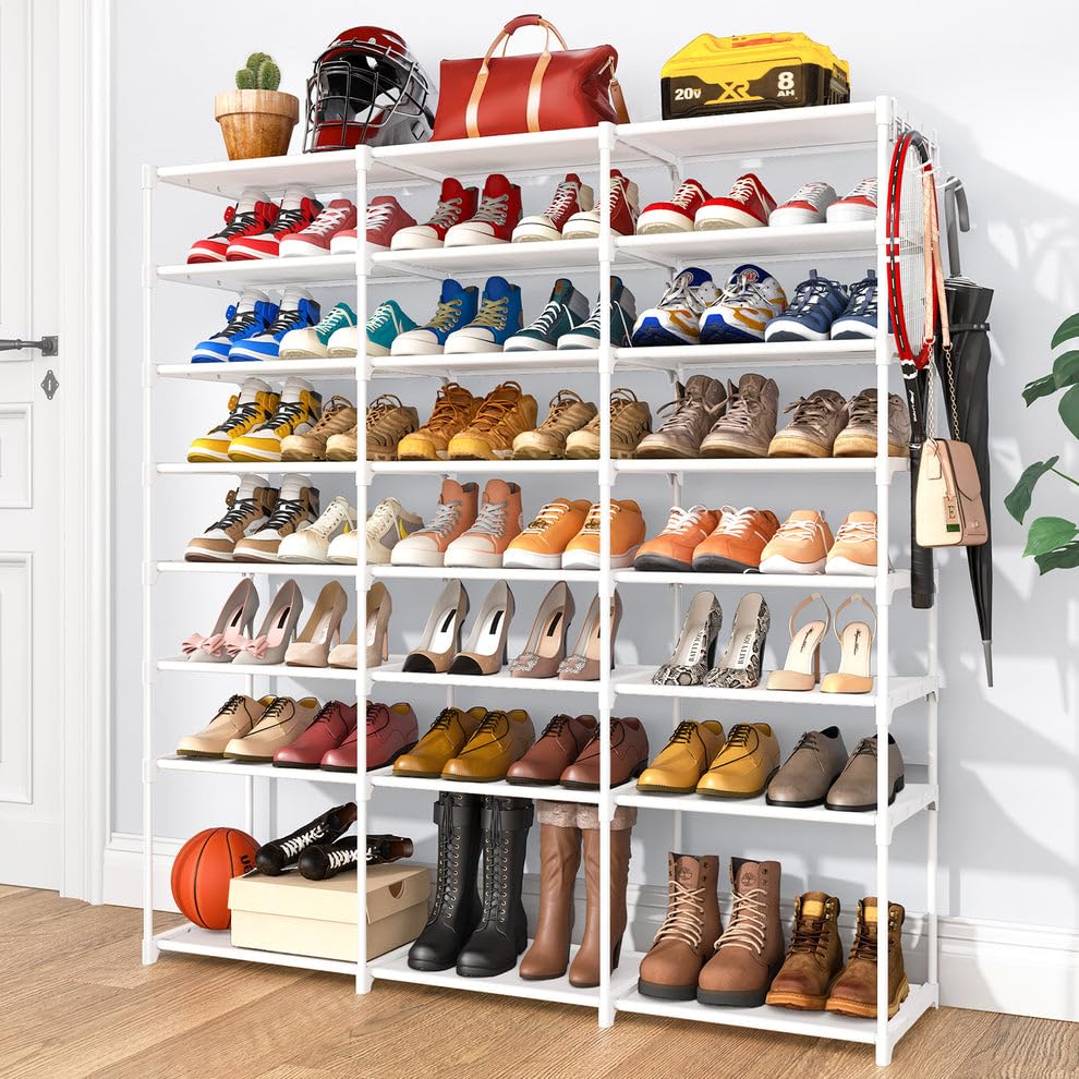 Kitsure Shoe Organizer - 8-Tier Large Shoe Rack for Closet Holds Up to 48 Pairs Shoes, Multipurpose Shoe Shelf with Hook Rack, Stackable Tall Shoe Rack for Entryway, Bedroom, Garage,White