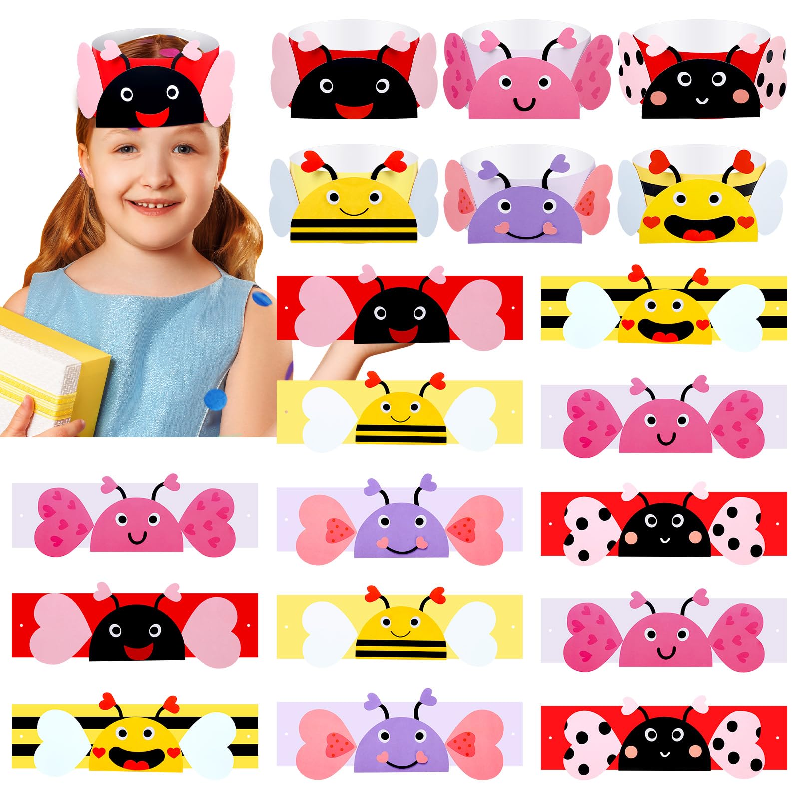 36 Pcs Valentine Love Bug Crown Crafts DIY Valentines Paper Crown Hats Making Kits DIY Classroom Activities for Valentine's Day Decor Event Theme Party Decorations