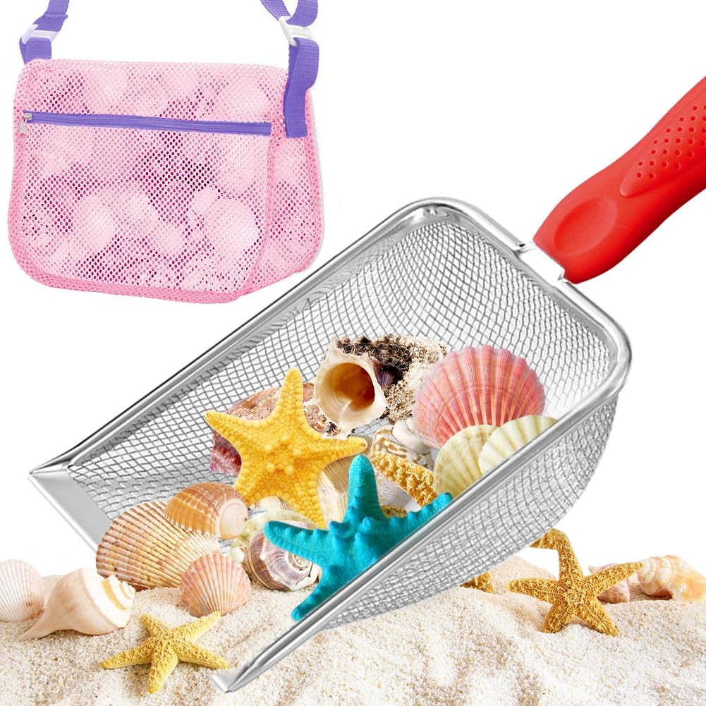 Beach Mesh Shovel and Shell Bag Set, Shark Tooth Sifter Dipper with Mesh Beach Bags for Shell Collecting, Kids Sand Filter Scooper Toys for Toddlers Shelling Picking Up (Red)