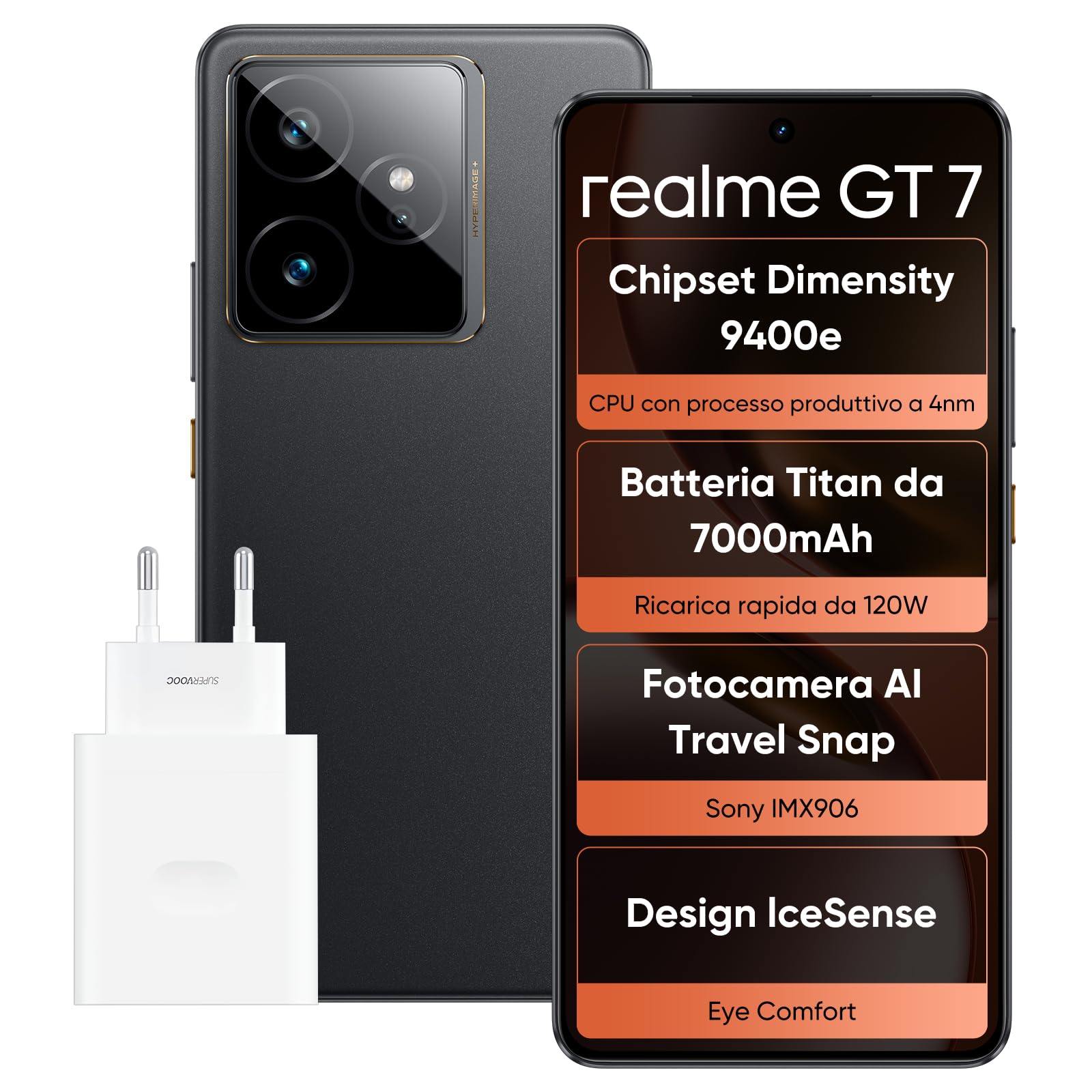 realme GT 7 Smartphone, 5G Dual SIM, 12 GB di RAM, 512 GB di ROM, display AMOLED da 6,8", chipset di punta Dimensity 9400e, batteria Titan da 7000 mAh, fotocamera da 50 MP, Nero (Adattatore incluso)