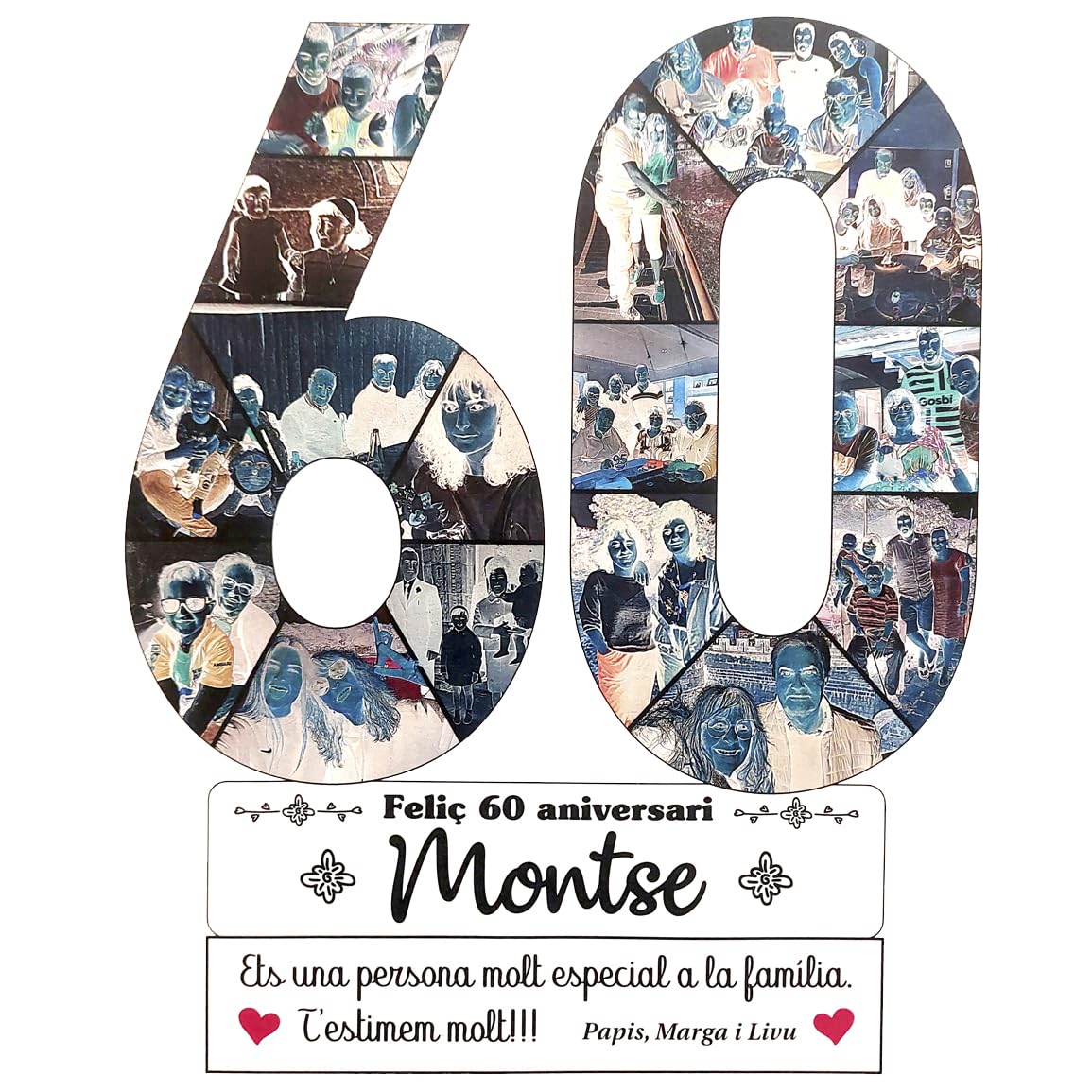 Genérico 7laser - Lámpara LED personalizada con 16 fotos y texto personalizado - con Base de Madera Natural - Regalo original para 60 aniversarios, cumpleaños, bodas de diamante - con conexión USB.