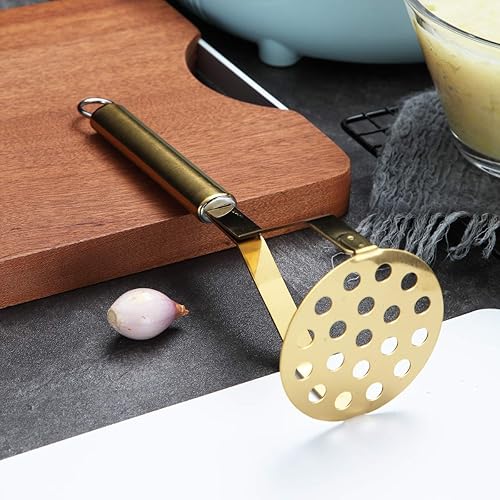 Miniatura 4 de Berglander Triturador de papas, acero inoxidable resistente con chapado de titanio, triturador de cocina, triturador de frutas y verduras (dorado)