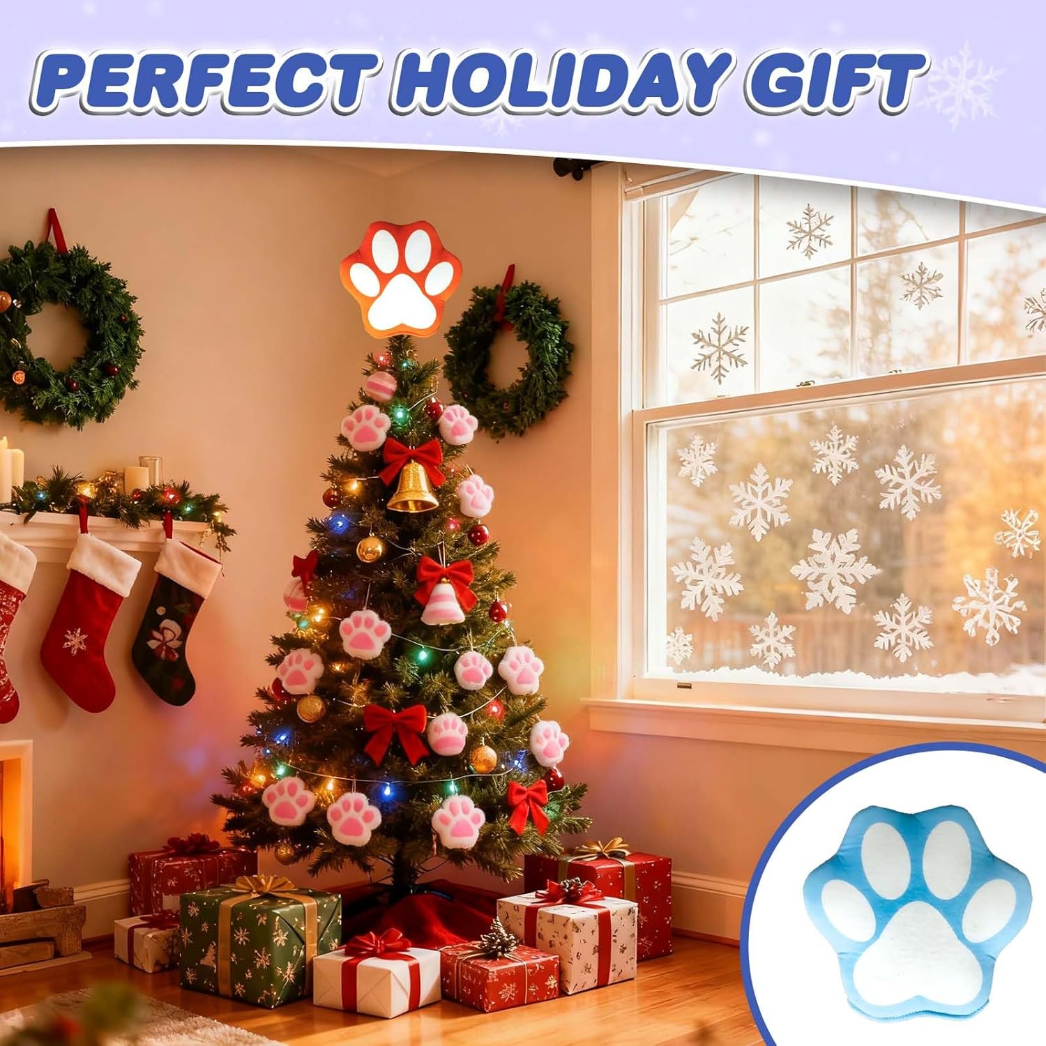 Dog Paw Christmas Tree Topper,9.8 * 9.8inch Blue Orange Dog Paw Print Christmas Ornament Topper, Santa Hat Tree Topper, Indoor and Outdoor Xmas Festival Thanksgiving Day New Year Decors - Image 4