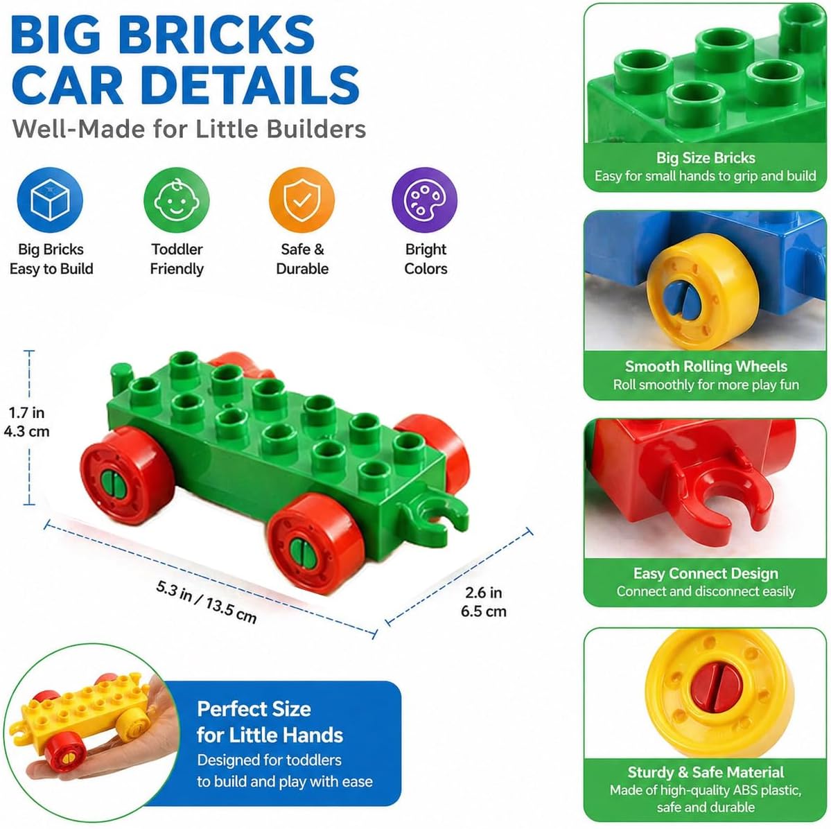 Big Building Block Vehicle Set Compatible with Duplo, Toddler Learning and Educational Toy Car Playset