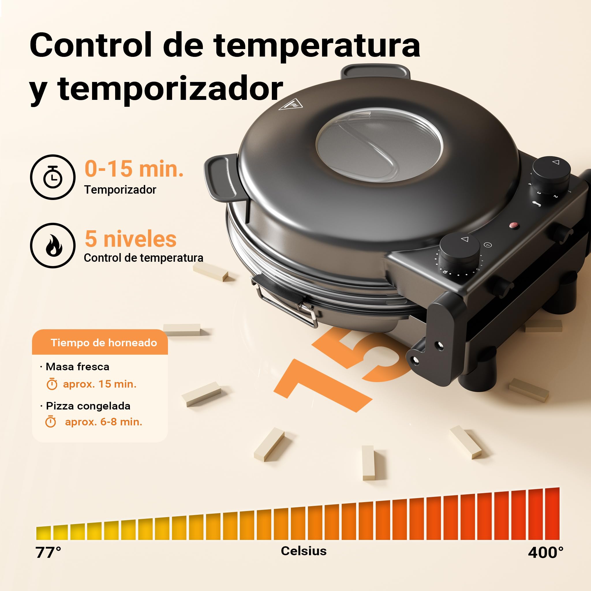 Horno de pizza eléctrico con piedra refractaria Ø32cm máx. 400°C con temporizador y ventanilla