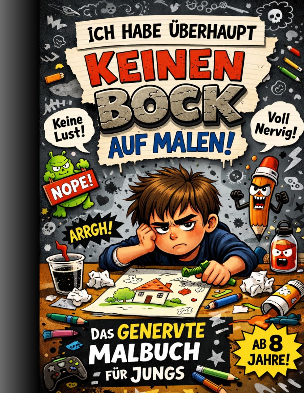 Malbuch für Jungen ab 8 Jahren – Ich habe keinen Bock auf Malen: Lustiges Monster-Malbuch mit einfachen Motiven, viel Platz zum Ausmalen und kreativen Ideen ohne Druck
