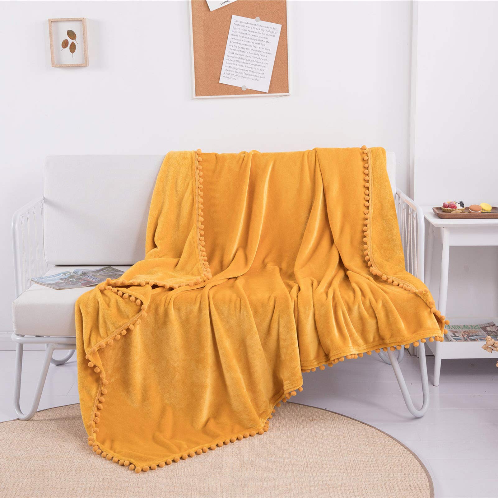 Manta de Franela Pompones Flecos Borla Color Sólido Ligero Suave Cálido Confortable Acogedor Transpirable, Mantas de Microfibra para Cama Sofá. (Amarillo,200 * 230CM)
