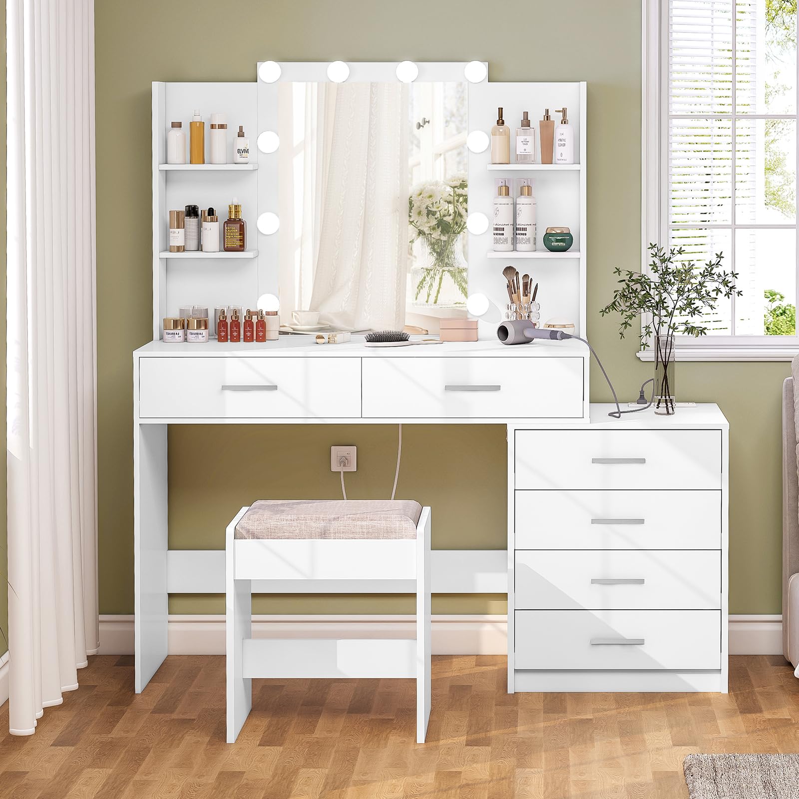 TEENFON 48” W Vanity Desk Set with Stool, Makeup Vanity with Mirror & Power Outlet, 6 Drawers, 6 Open Shelves, Vanity Table with 3 Light Color for Women, White