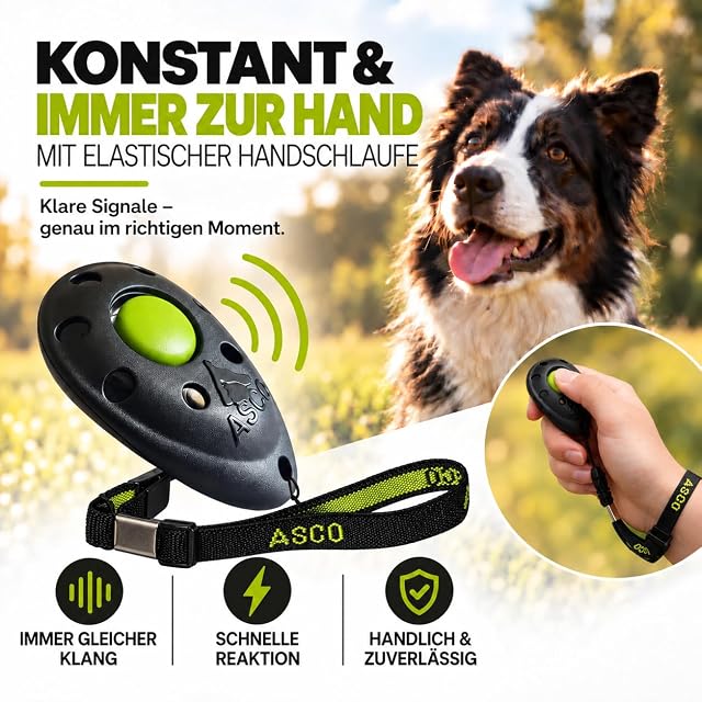 Foto 3 de 7 de ASCO Clicker Premium para perros y gatos para entrenamiento profesional de clickers con correa elástica