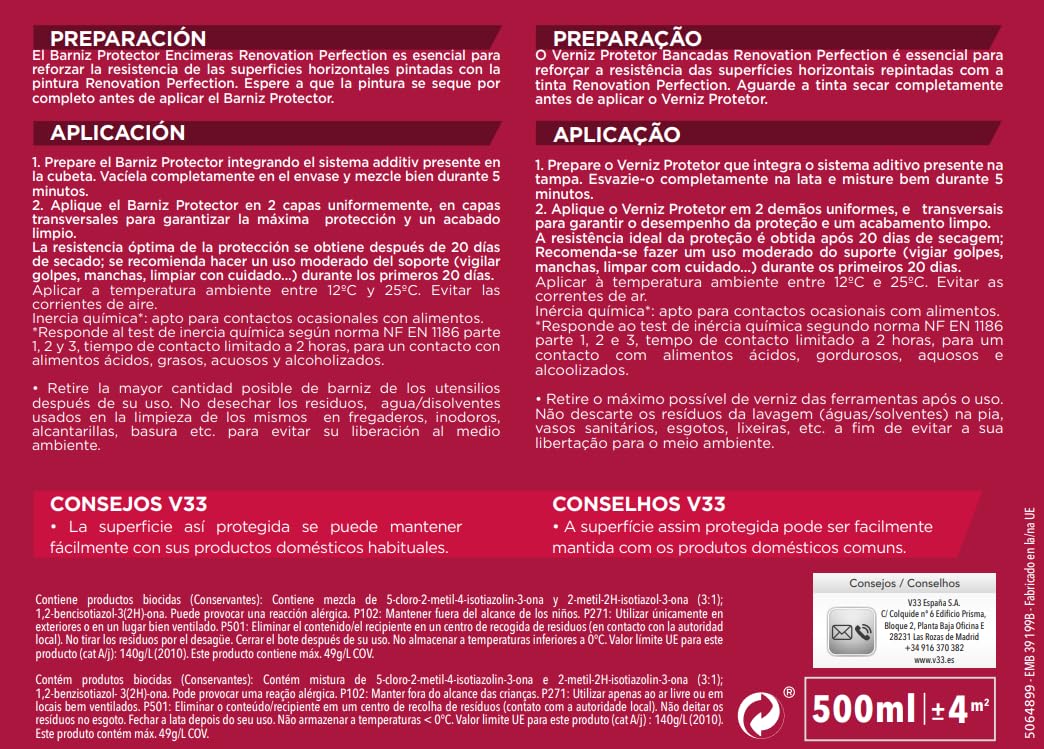 V33 Barniz Renovation Perfection Encimeras Incoloro Satinado, 500mL