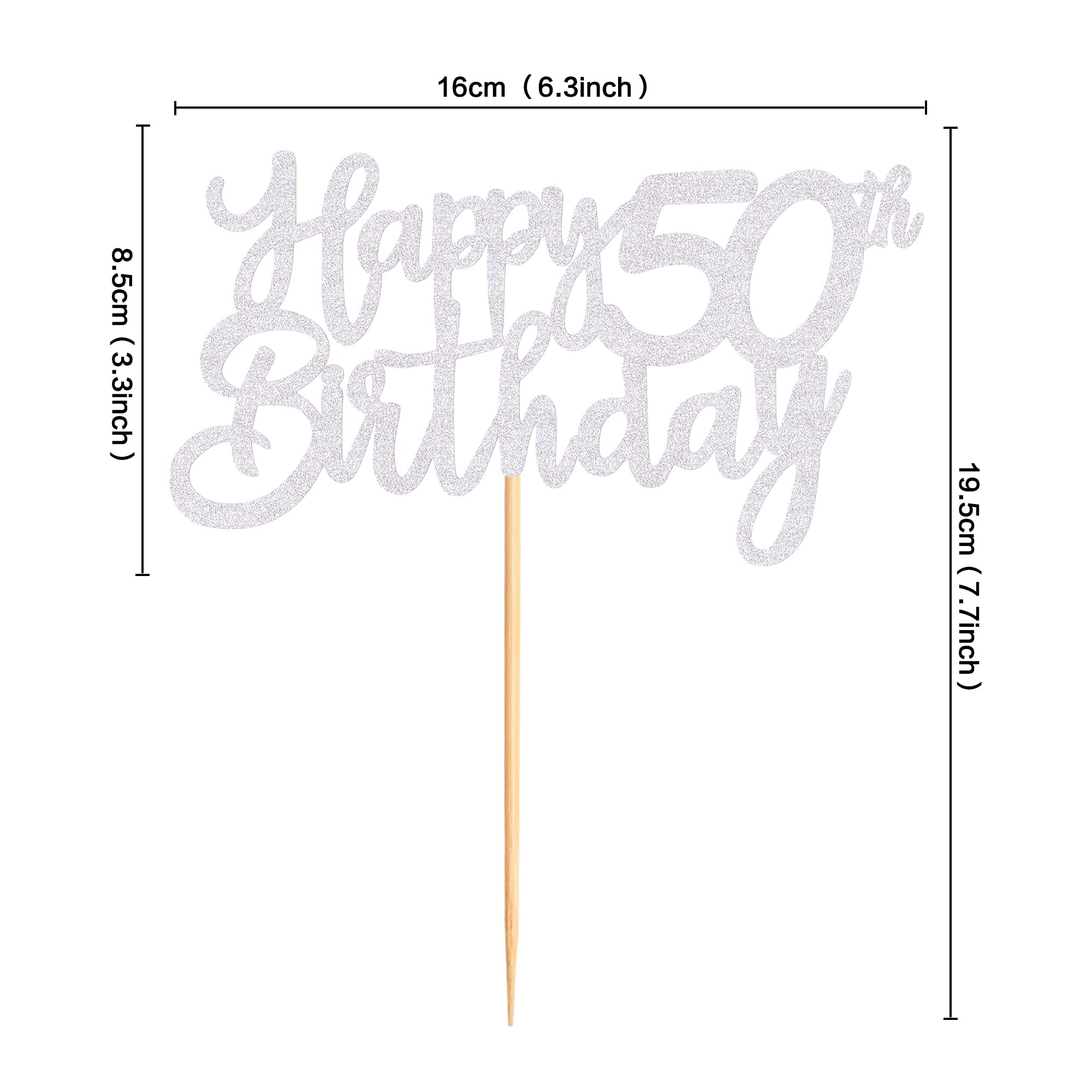 Cyodoos Silver Glitter 50th Happy Birthday Cake Topper Adult Food Picks for Celebrating Fifty Years Old Birthday Anniversary Party Decorations Supply