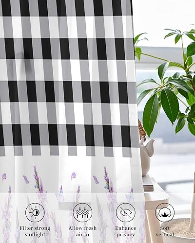 Miniatura 4 de Lavender Sheer Curtains 24 Inch Length Light Filtering Curtain Panel for Windows, Rustic Style Black-White Plaid Butterfly Grommet Semi Sheer