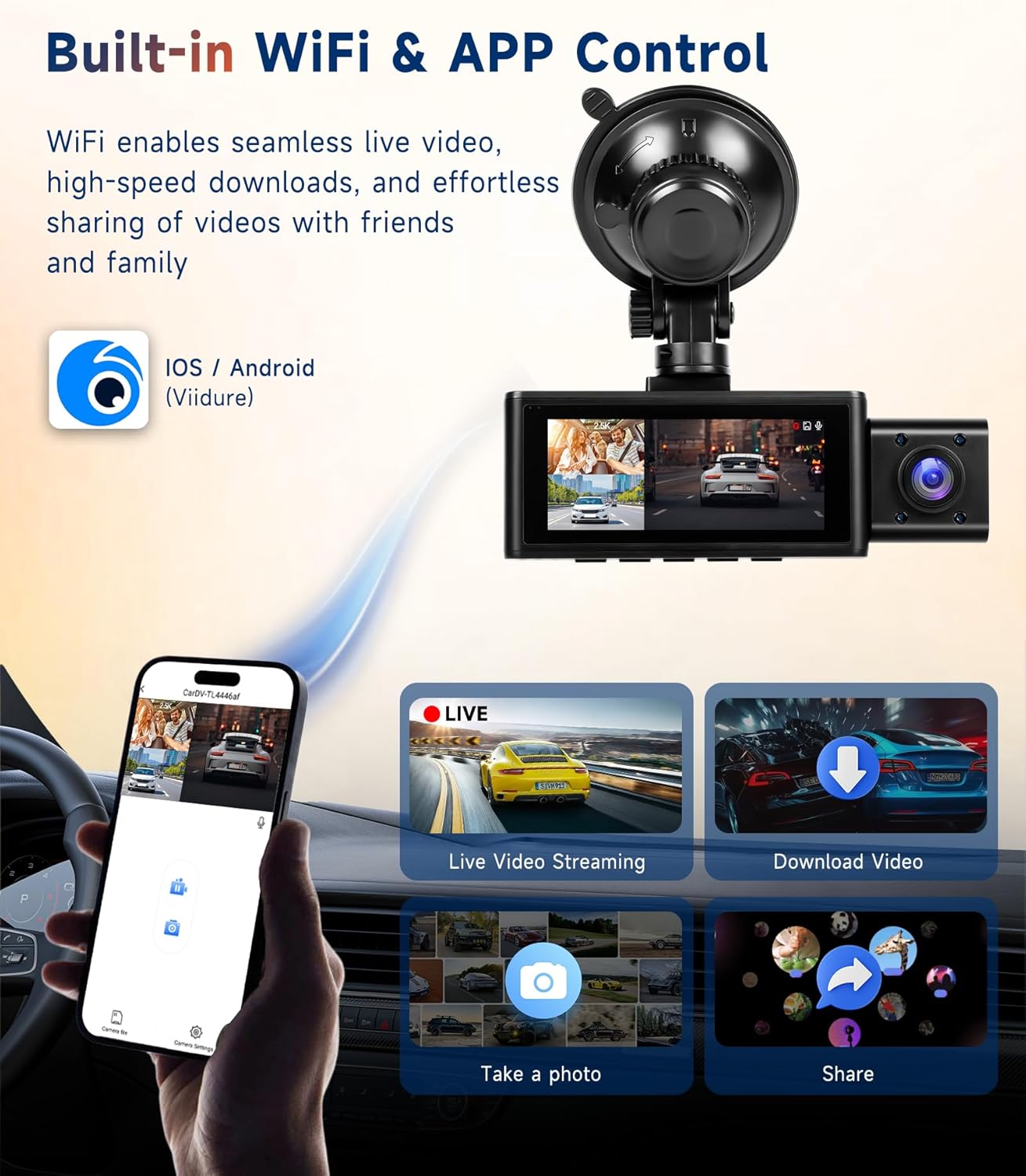 5Ghz WiFi 3.16" Dash Cam Front and Rear 3 Channel Dash Camera FHD 2.5K+1080P, Free 64GB Card Included, Built-in GPS, WiFi APP Control, IR Night Vision, G-Sensor, 24H Parking Mode