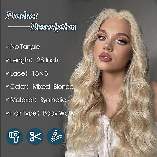 Miniatura 3 de HANNE Peluca rubia ondulada con encaje frontal de 28 pulgadas, 13 x 3 pulgadas, peluca de encaje frontal de mezcla de rubio mixto, 180% de densidad,