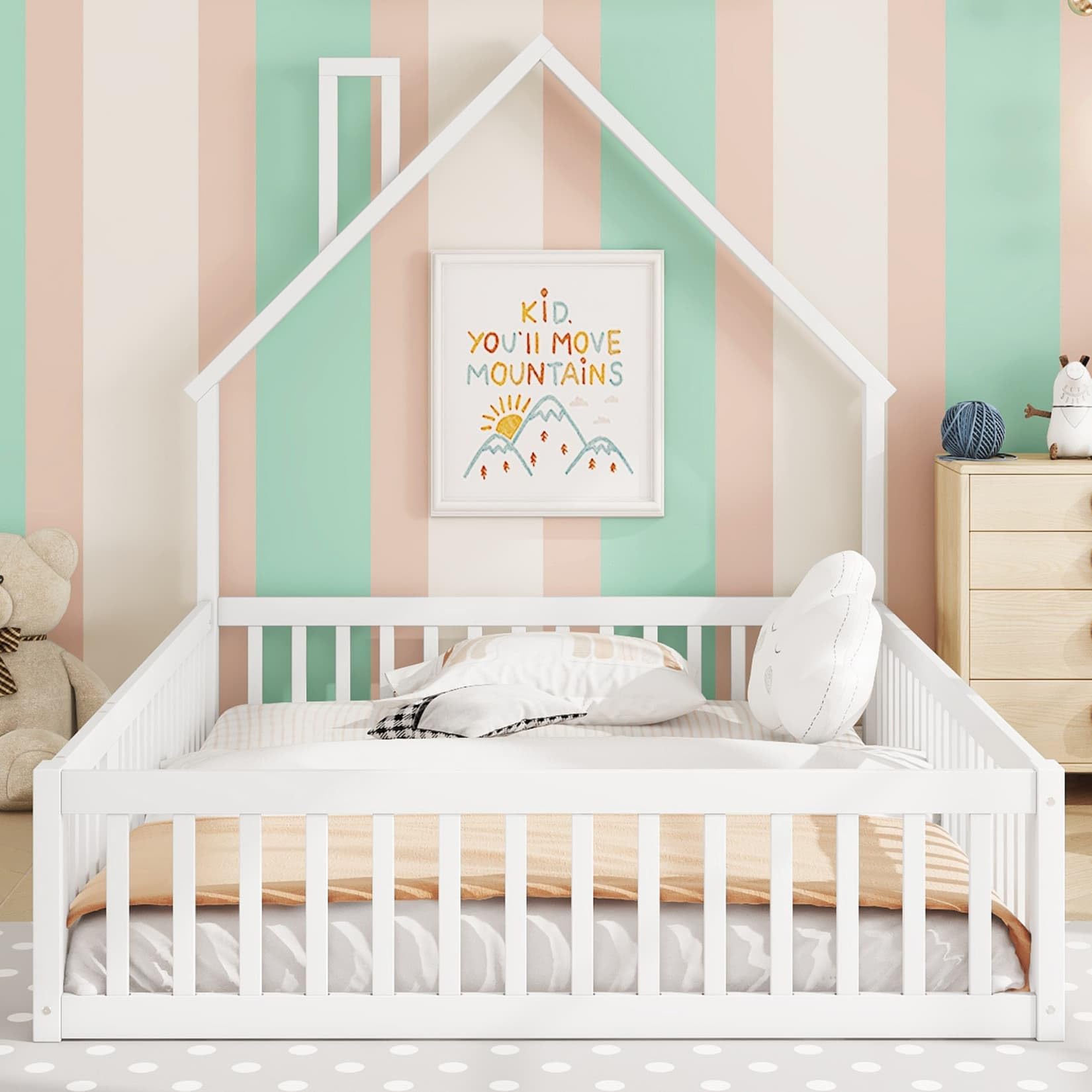 Lit Au Sol Enfant,Lit Cabane Enfant 140x200 avec Sommier à Lattes Solide,Porte,Barrière de lit,pour Enfants,Pin (Blanc, 140x200)