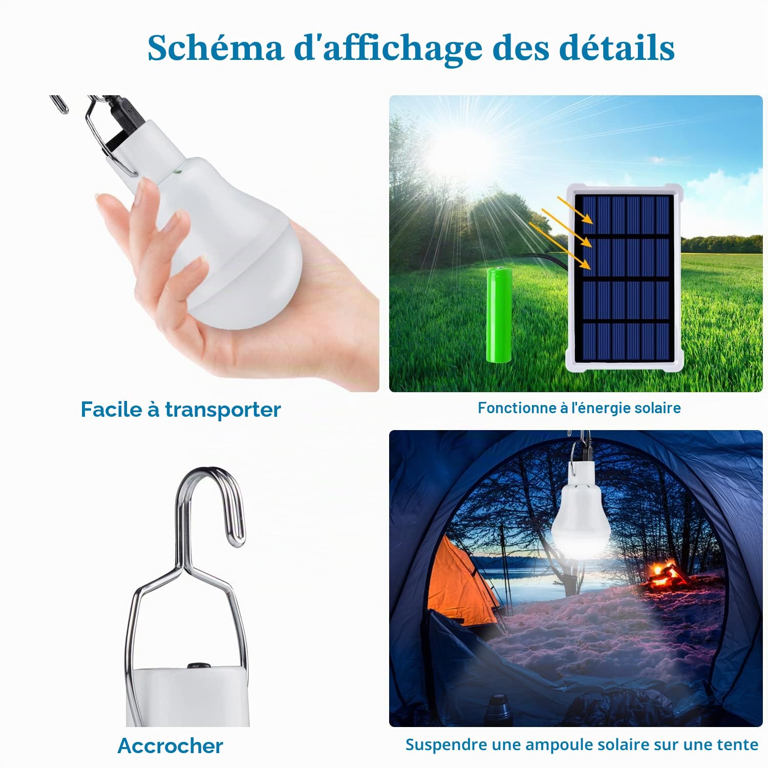 2 x Lampe Solaire Portable avec Télécommande et Capteur de Lumière Intégré,LED Lampe Urgence Solaire Ampoule à Crochet Lanterne Camping Puissante Lumiere Éclairage avec Panneau Solaire