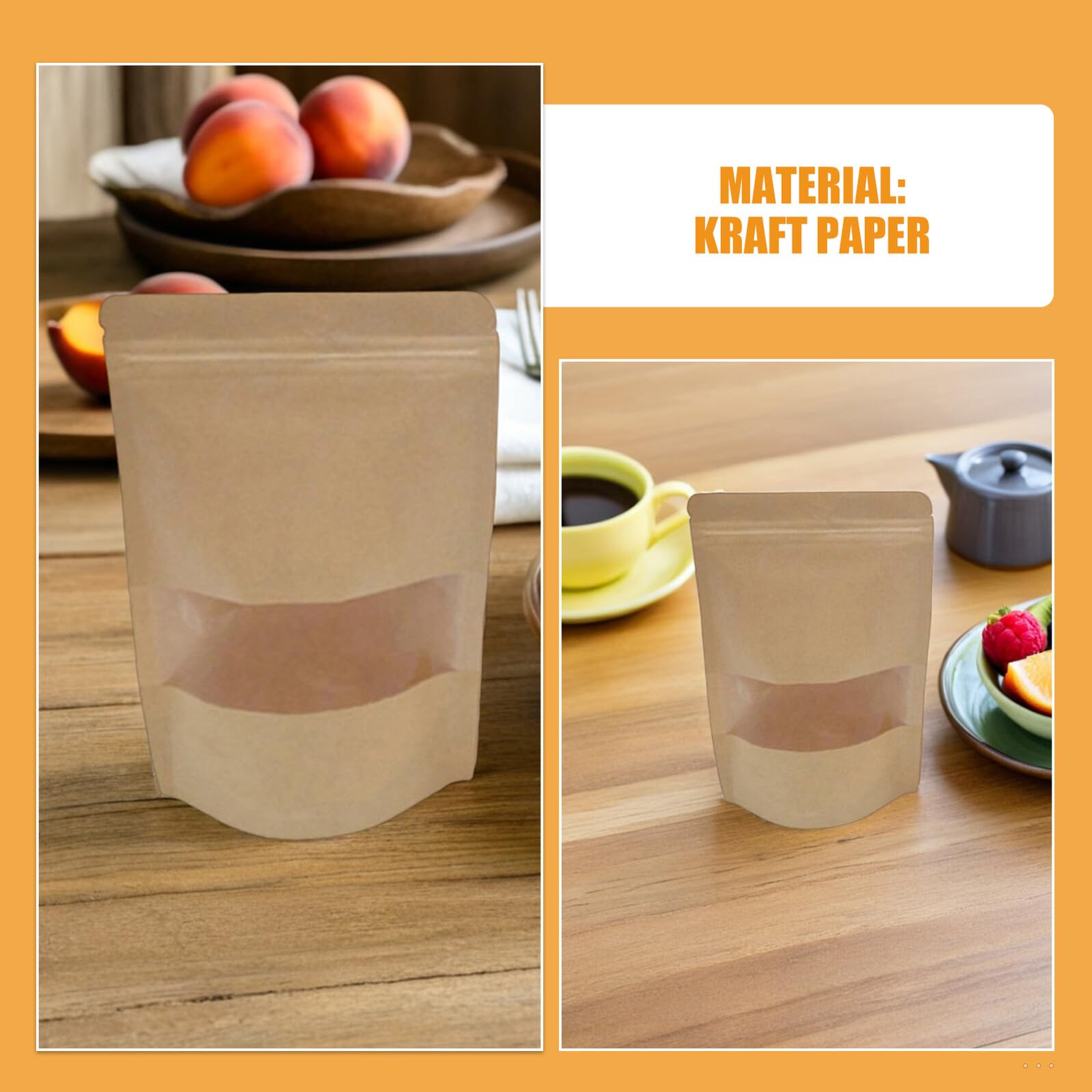 50 pièces Lot de Papier Kraft Auto-scellants avec Fenêtre Pochettes Refermables pour Aliments Secs Stockage Snack Thé Noix Organisation Cuisine