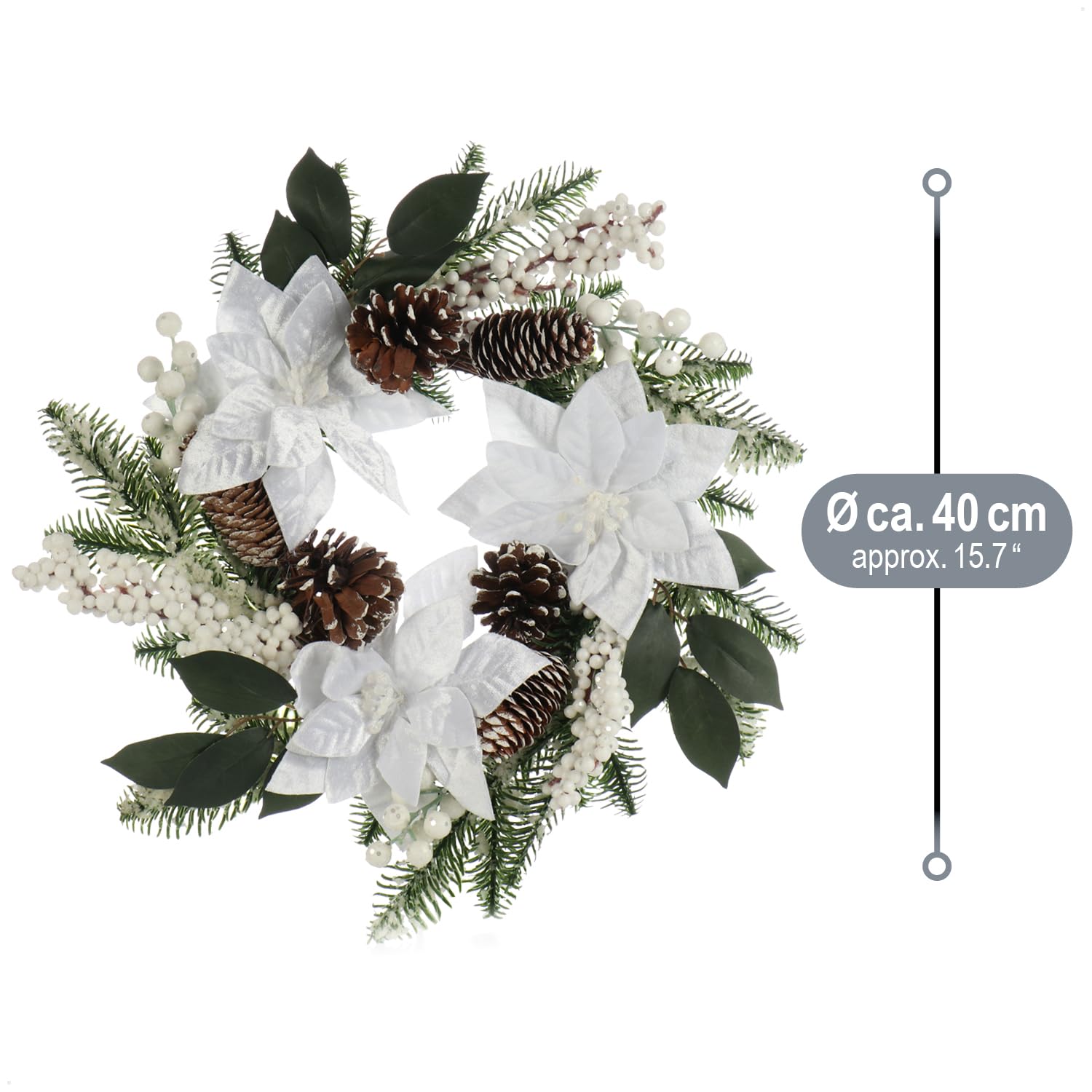 COM-FOUR® Ghirlanda per porta di Natale - Ghirlanda dell'Avvento con fiori grandi e glitter - Ghirlanda decorativa autunnale - Decorazione natalizia - Ghirlanda da tavola - Ghirlanda natalizia