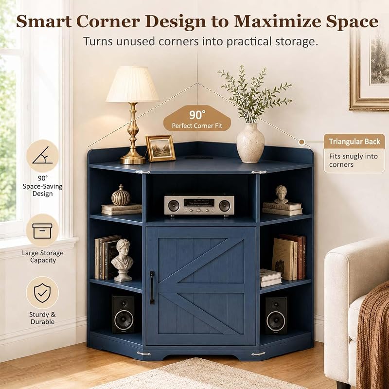 Corner Storage Cabinet with USB Ports & Outlets, Wooden Cube Shelf (Blue) image 3
