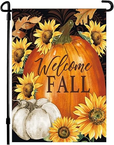 Home4Ever Bandera de bienvenida de otoño para jardín, 12 x 18 pulgadas, bandera de otoño de calabaza y girasol de doble cara de bienvenida  Otoño al