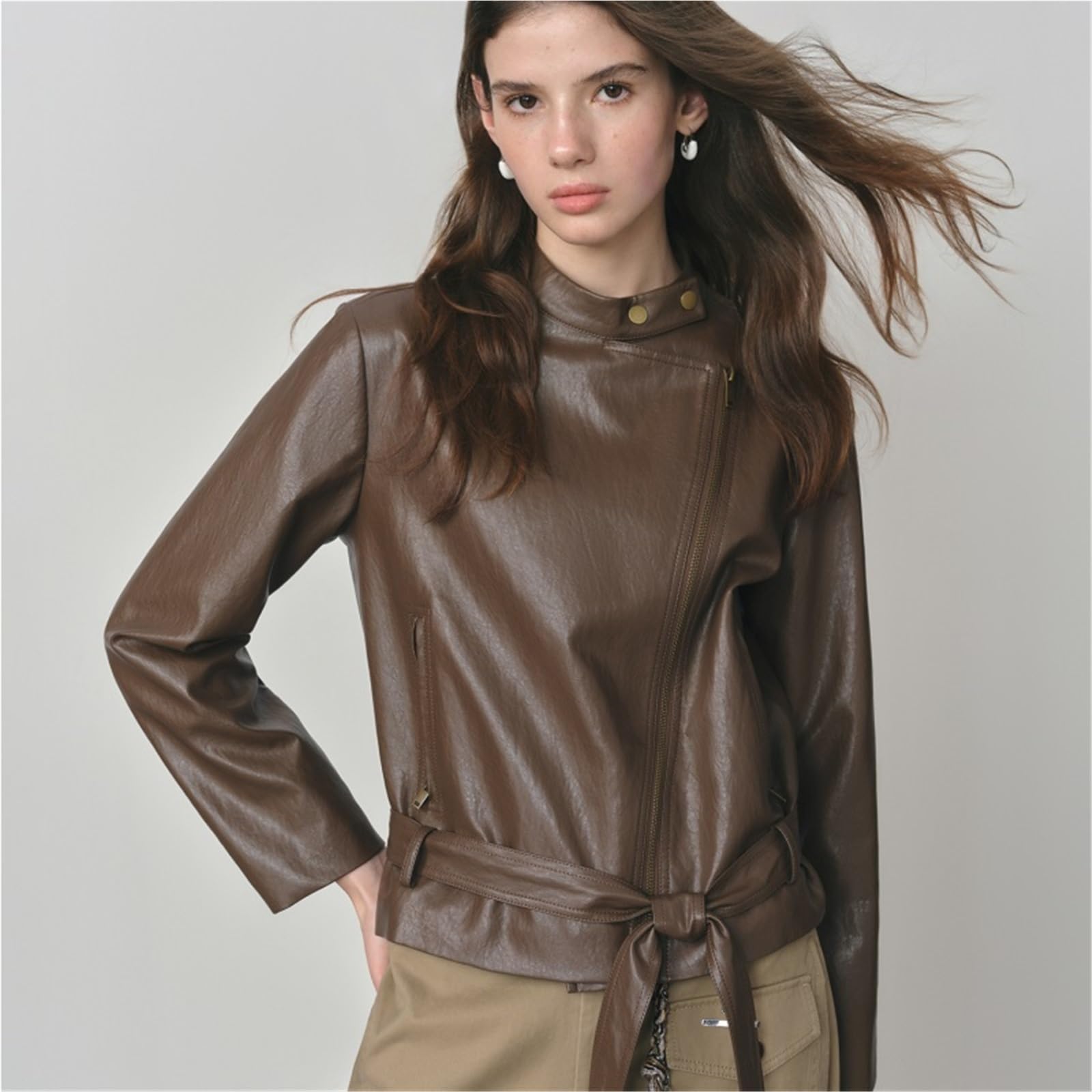 Chaqueta Cuero Mujer Chaqueta corta de cuero sintético marrón oscuro for mujer, abrigo informal ajustado otoño Para salir