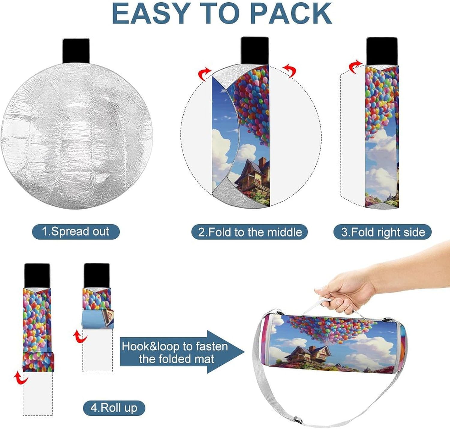 Colorful Balloon and House Picnic Blanket Foldable Outdoor Round Blankets Lightweight Beach Mats Portable Waterproof Park Sand Free Mat for Camping Hiking Sports Activities