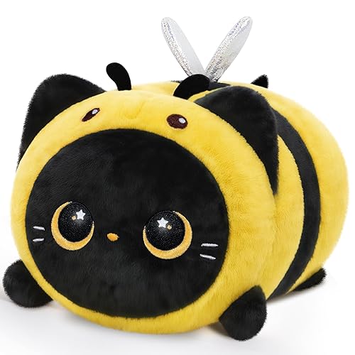 Mewaii Cute Black Cat Bee Plush Pillow, Kawaii Plushies Bee Stuffed Animal Toy, Kitten Plushies with Honeybee Outfit Costume, Soft Squishy Birthday Gifts for Kids & Girls (16 Inch) - Bee Black Cat - 16 Inch