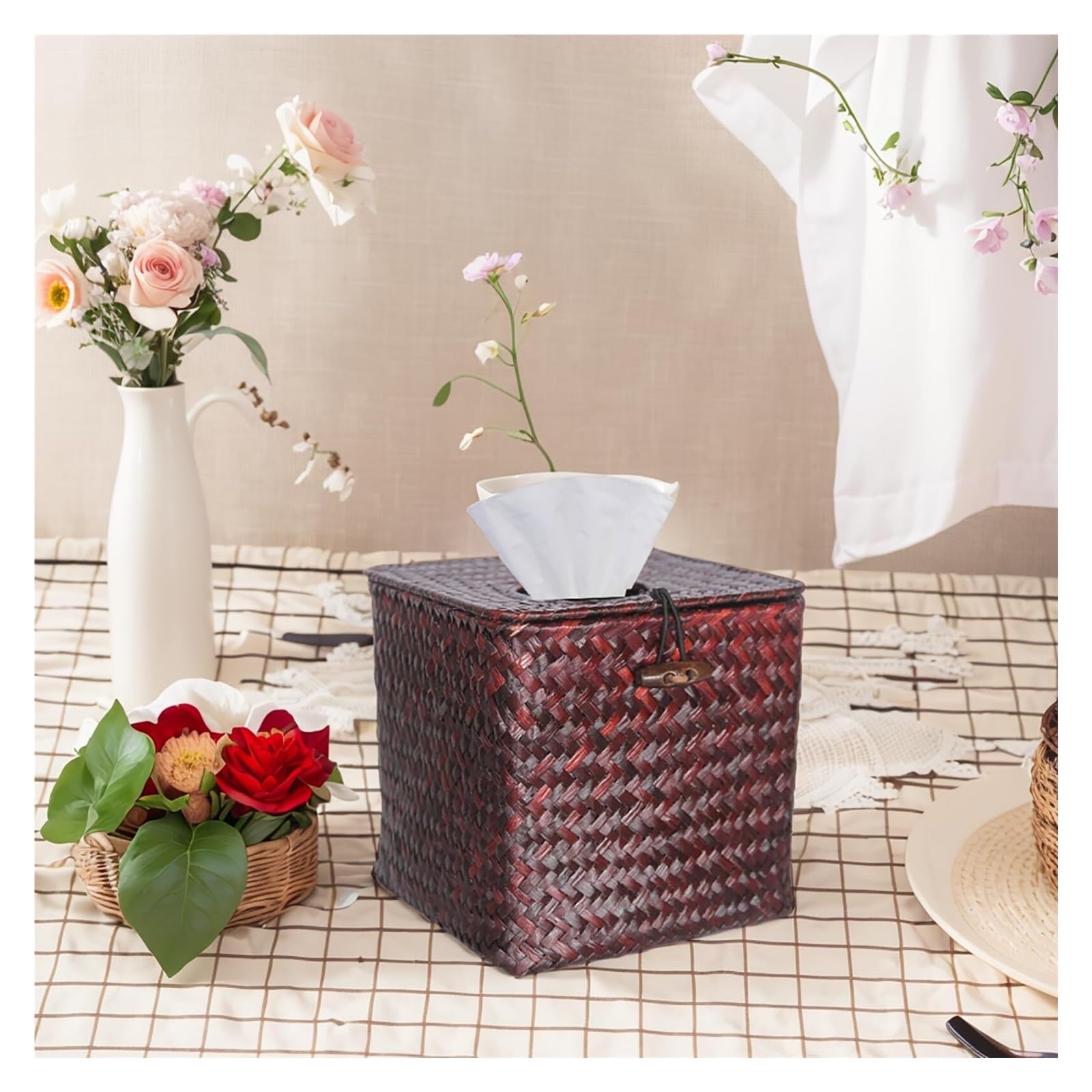 Kosmetiktuch-Spenderbox Taschentuchbox, quadratischer Halter gewebter, dekorativer Bezug, Würfeletui Must-Haves für die Wohnung(Red Brown)