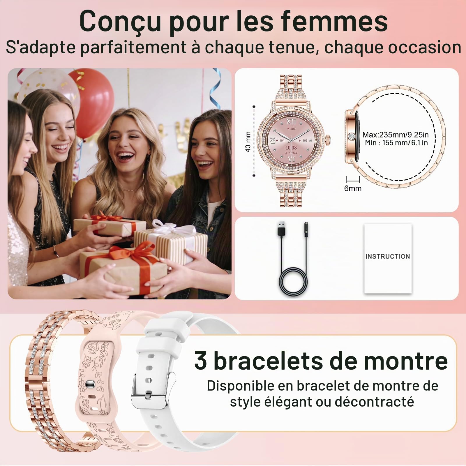 Montre Connectée Femme avec Diamant,3 Bracelets,1,27" HD appels Bluetooth Smartwatch,Fréquence Cardiaqu/Sommeil/SpO2/Féminine/Calories,IP68,120+ Sportif Podomètre Tracker pour Android/iOS,Or rose
