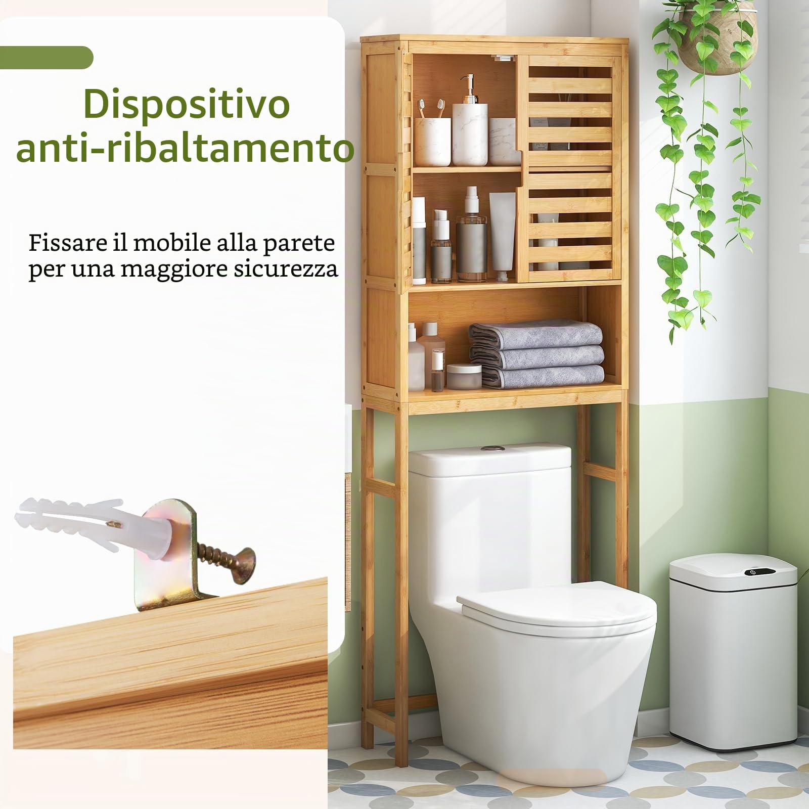 LIFEZEAL Mensola per WC in bambù, con 2 ante e ripiano aperto, armadietto autoportante per lavatrice, asciugatrice, armadietto per WC, bagno