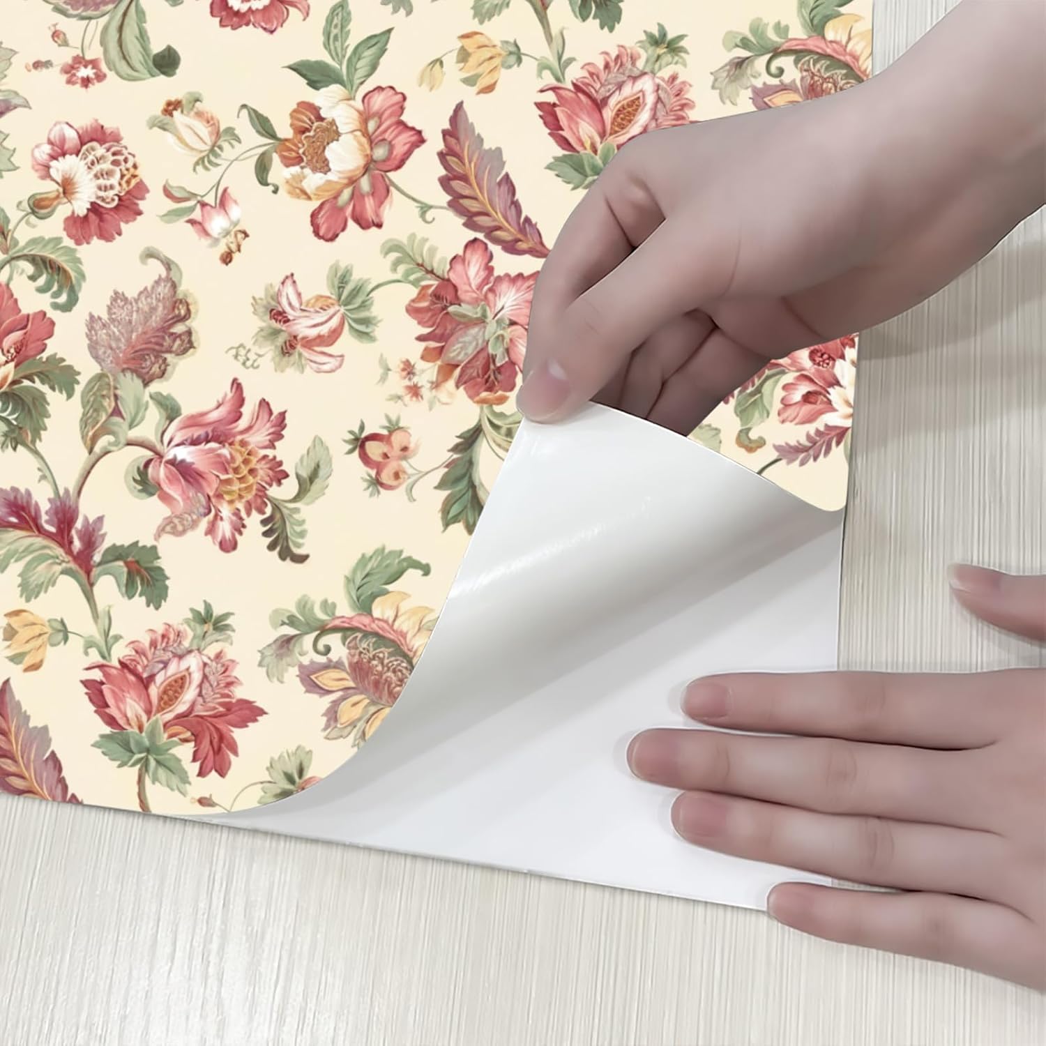 Vintage Floral Peel and Stick Wallpaper, Pink Flowers and Green Leaves, Self-Adhesive Removable Wall Stickers for Home Bedroom Cabinets Thicken, 44 cm x 300 cm