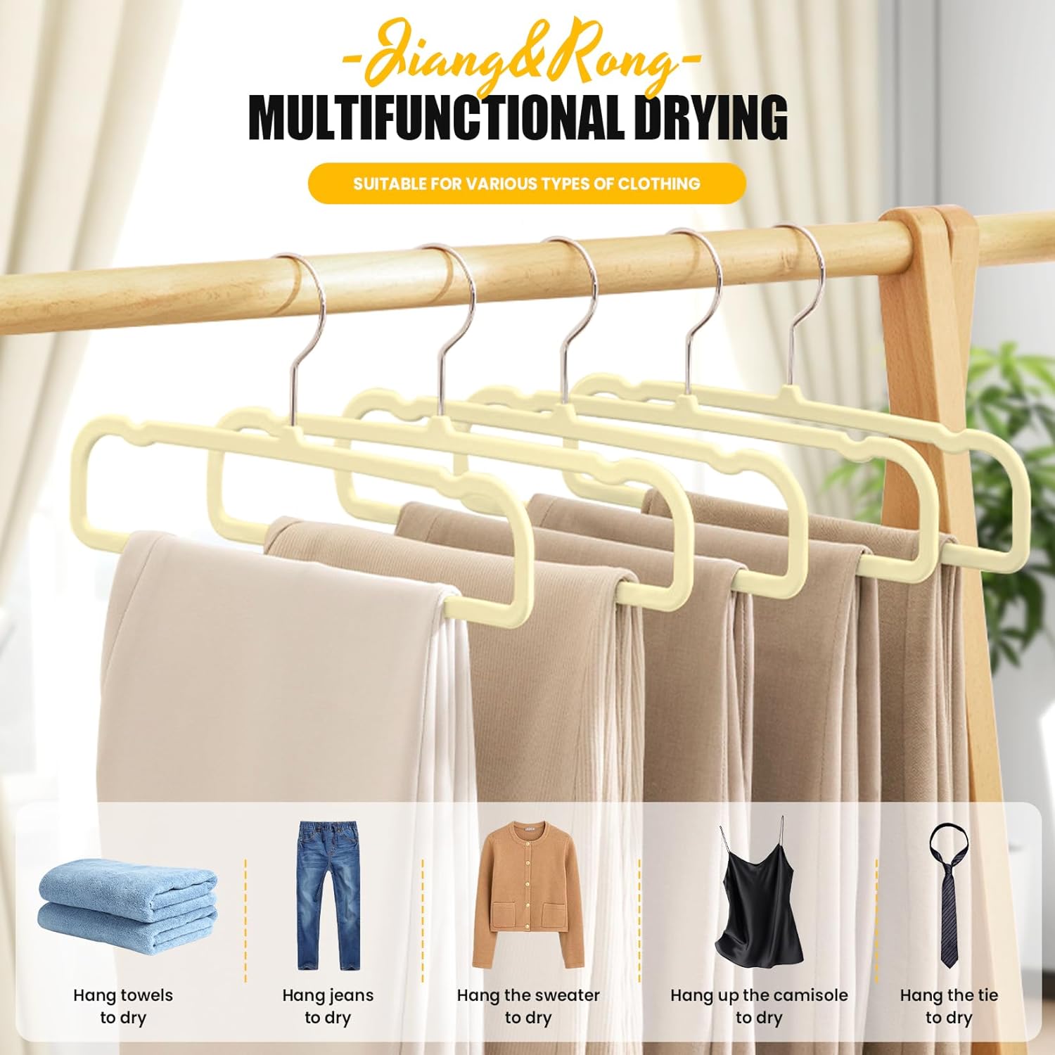 Jiang&Rong 30-Pack Velvet Pants Hangers, Space Saving Slim and Ultra-Thin Non-Slip with 360° Rotating Hooks Felt Hangers, Strong Load-Bearing Capacity Hangers(Beige)